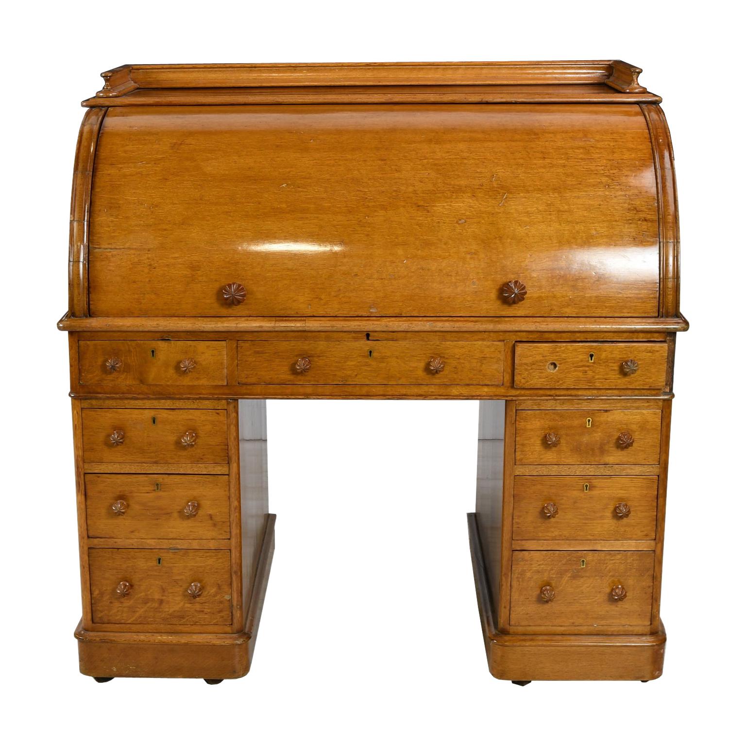 Antique English Cylinder-Top Pedestal Desk with Green Leather & Finished Back For Sale