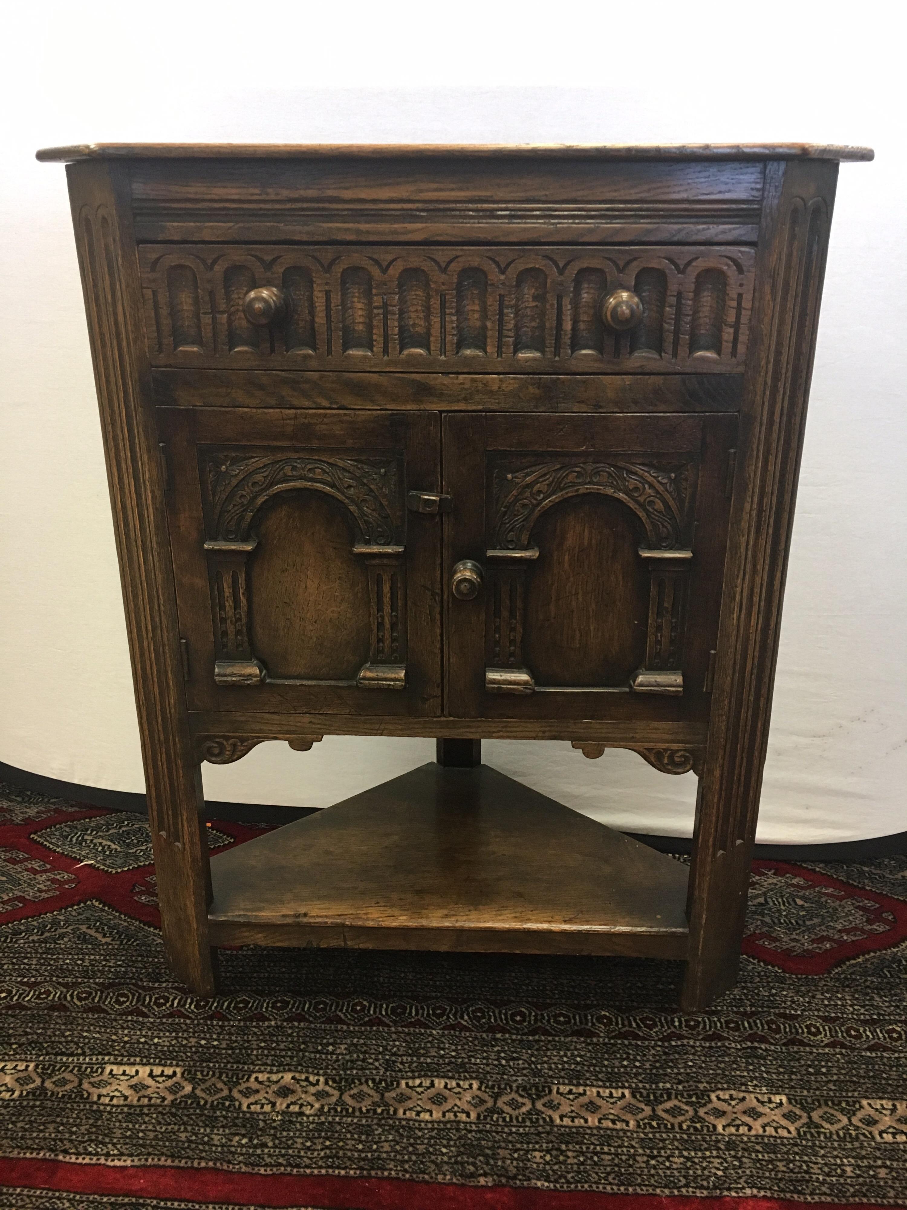 English Carved Dark Oak Corner Cabinet Table from George Fleet Stoke on Trent 5