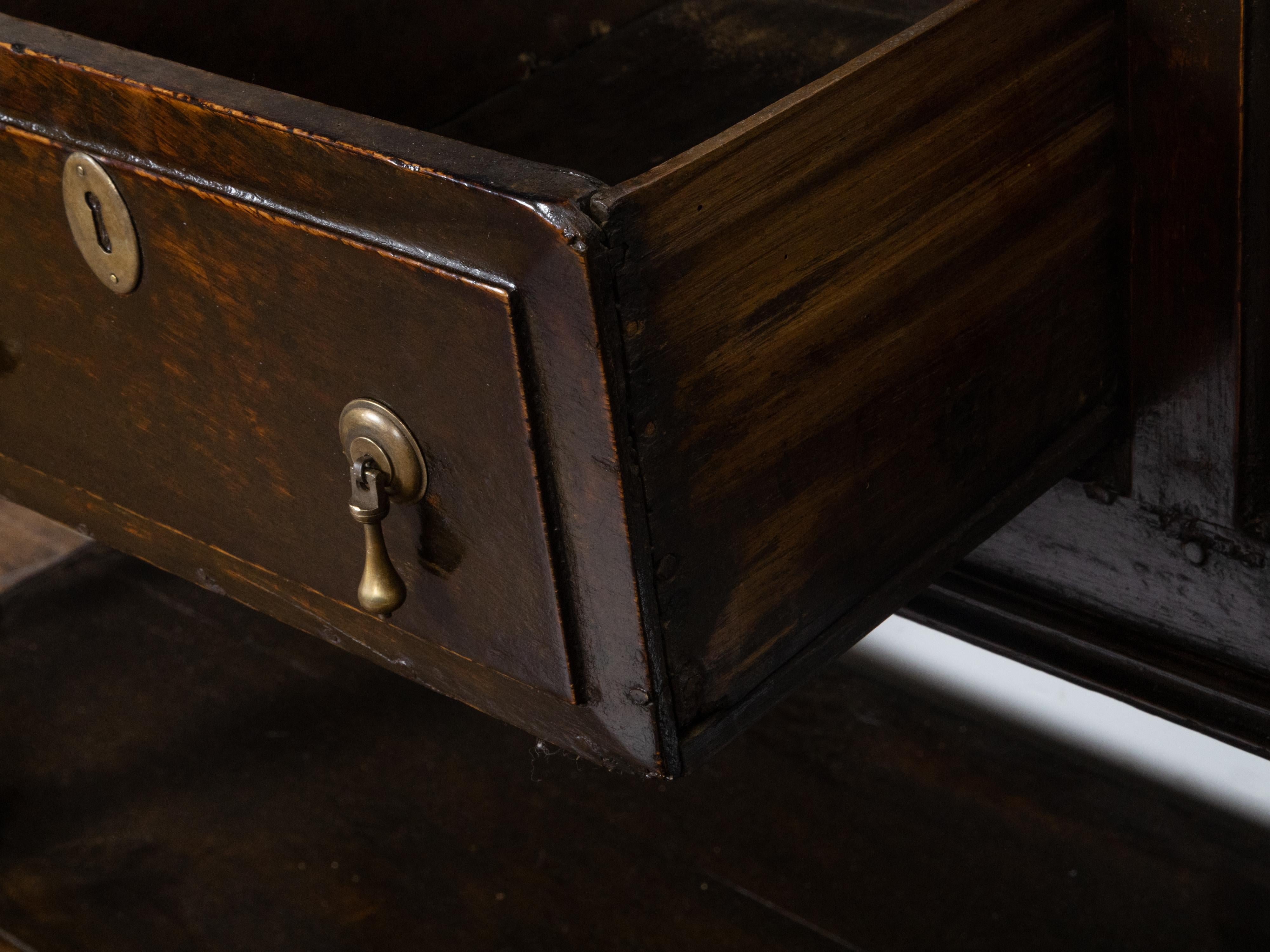 English Dark Oak Georgian 1800s Dresser Base with Three Drawers and Carved Legs 5