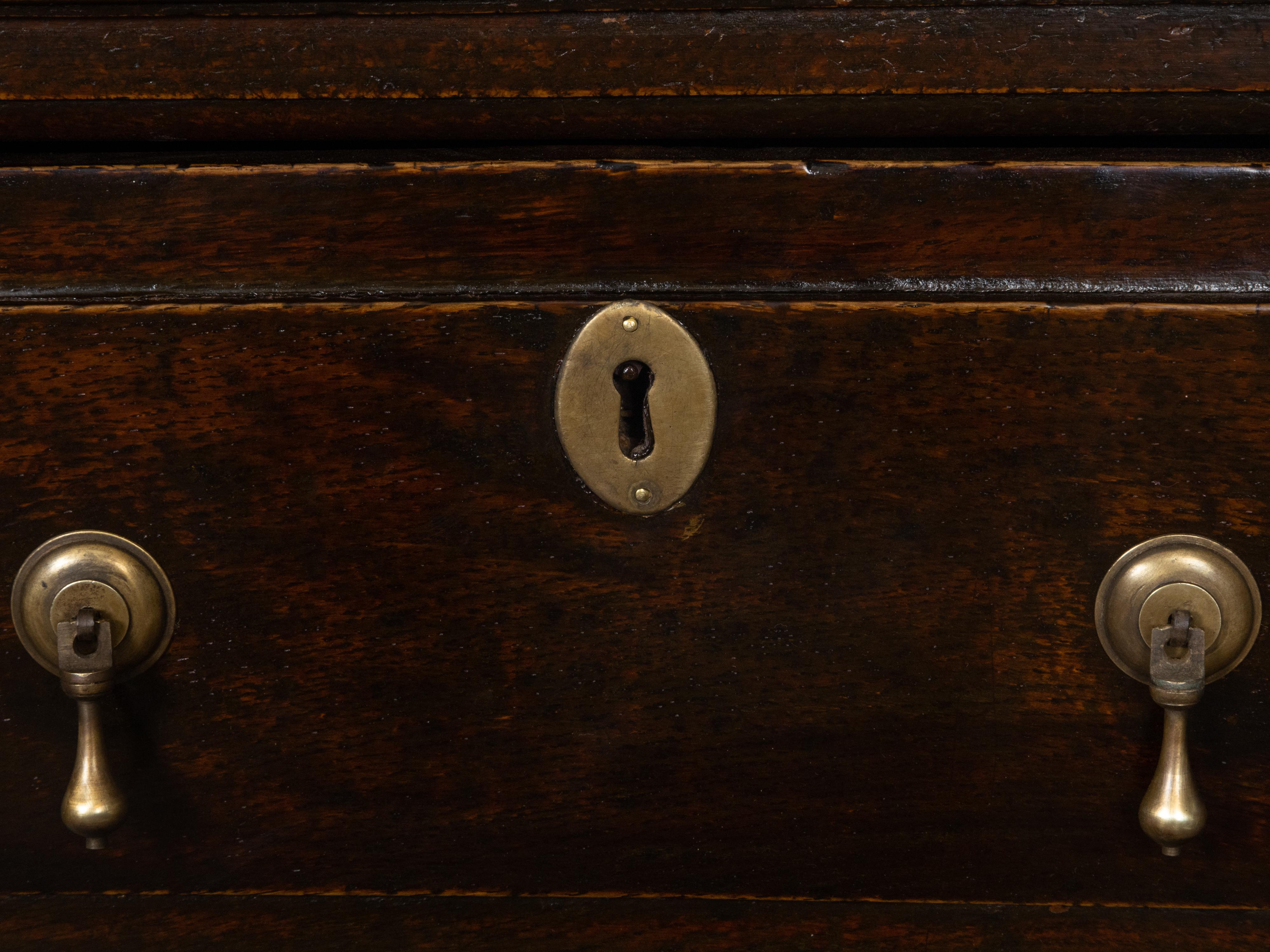 English Dark Oak Georgian 1800s Dresser Base with Three Drawers and Carved Legs 6