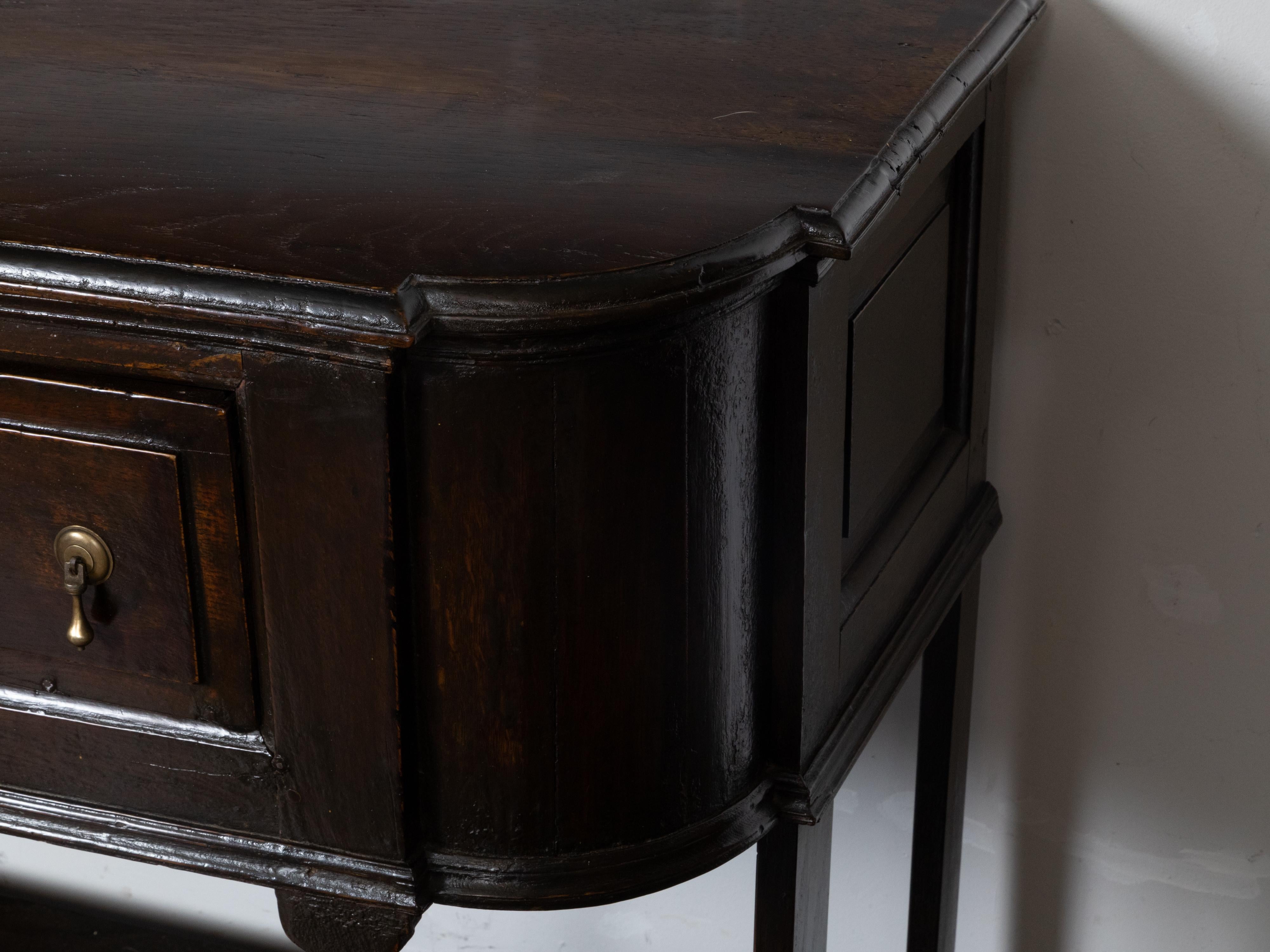 English Dark Oak Georgian 1800s Dresser Base with Three Drawers and Carved Legs 9