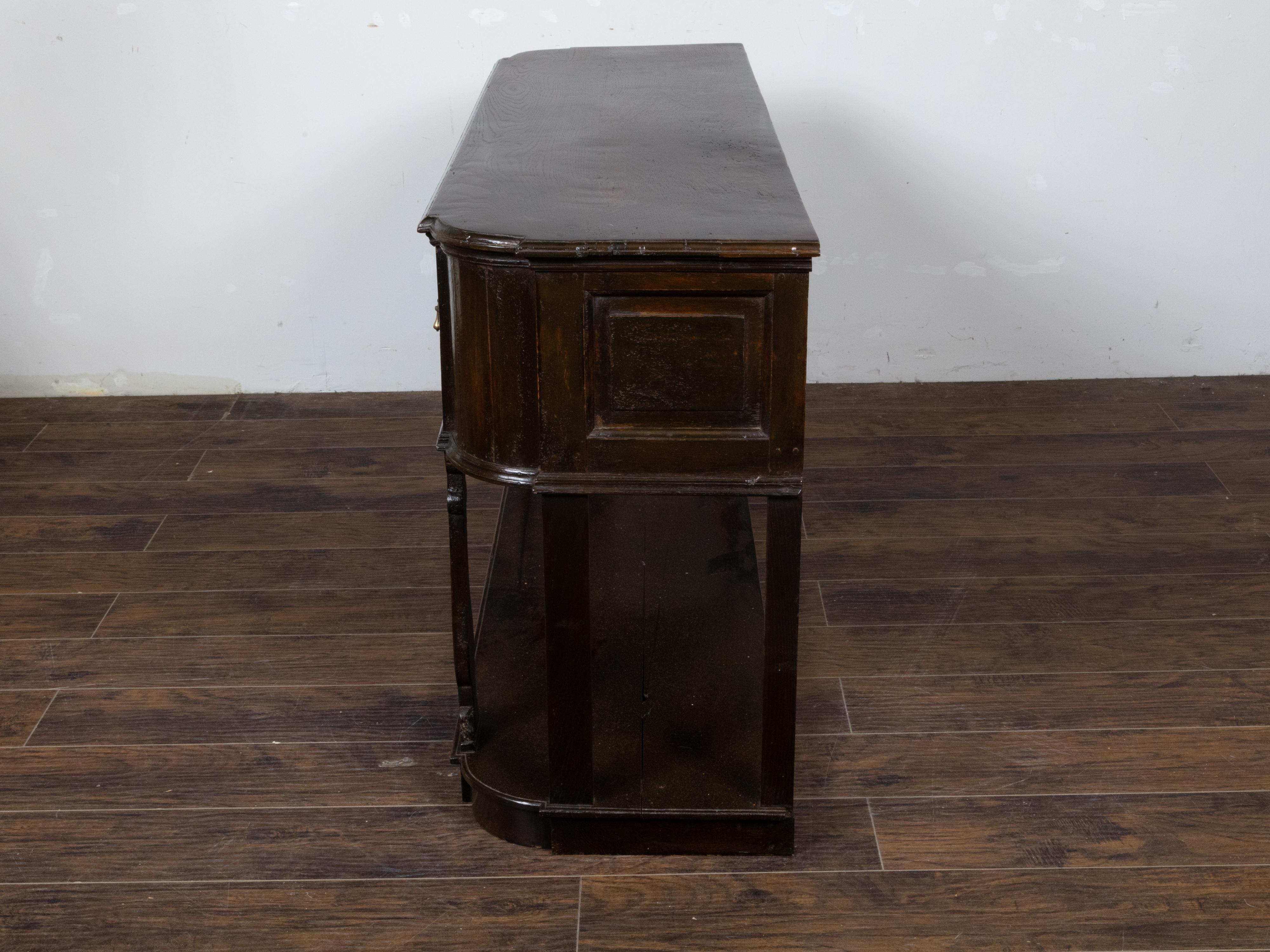 English Dark Oak Georgian 1800s Dresser Base with Three Drawers and Carved Legs 1
