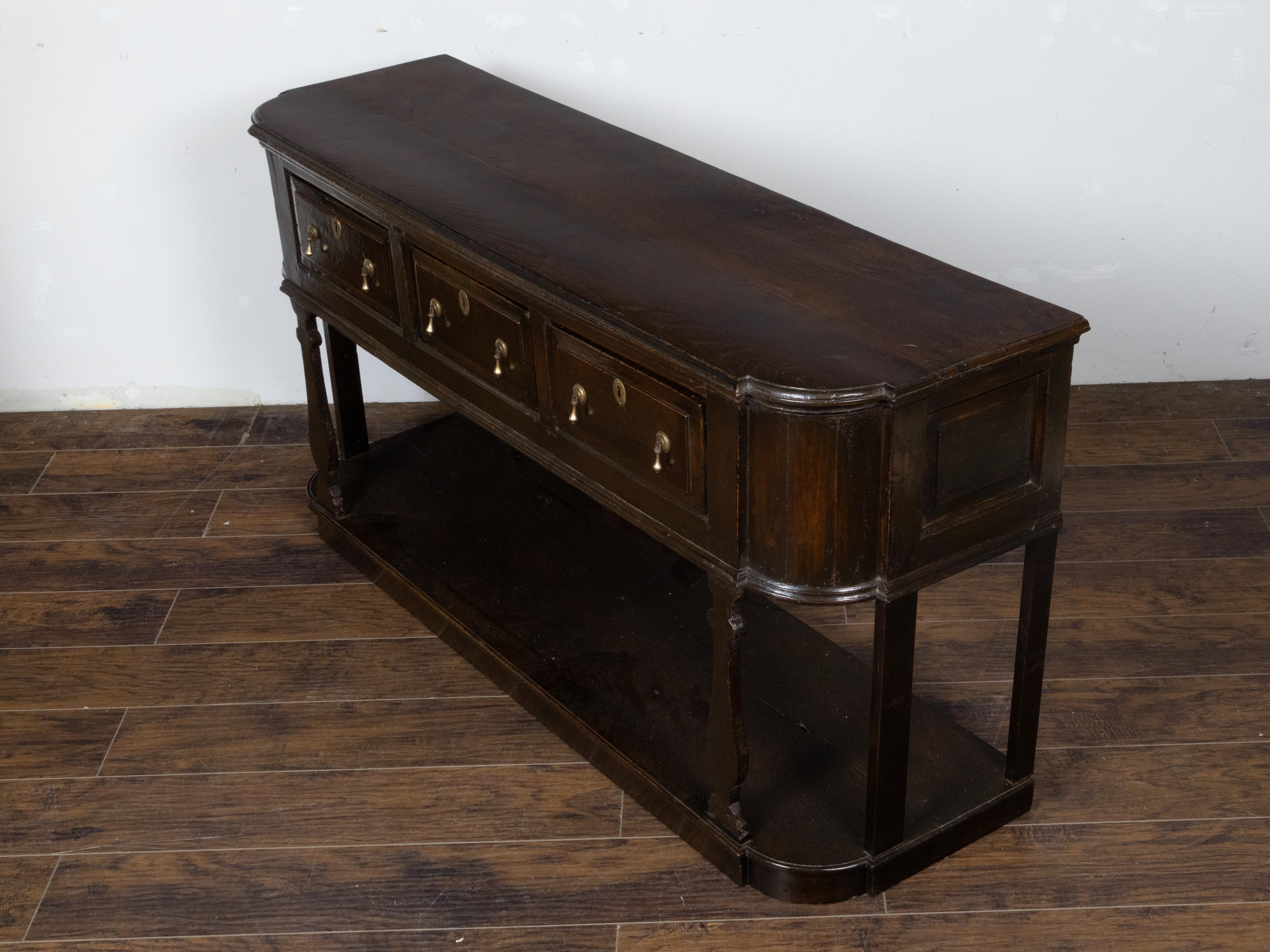 English Dark Oak Georgian 1800s Dresser Base with Three Drawers and Carved Legs 2