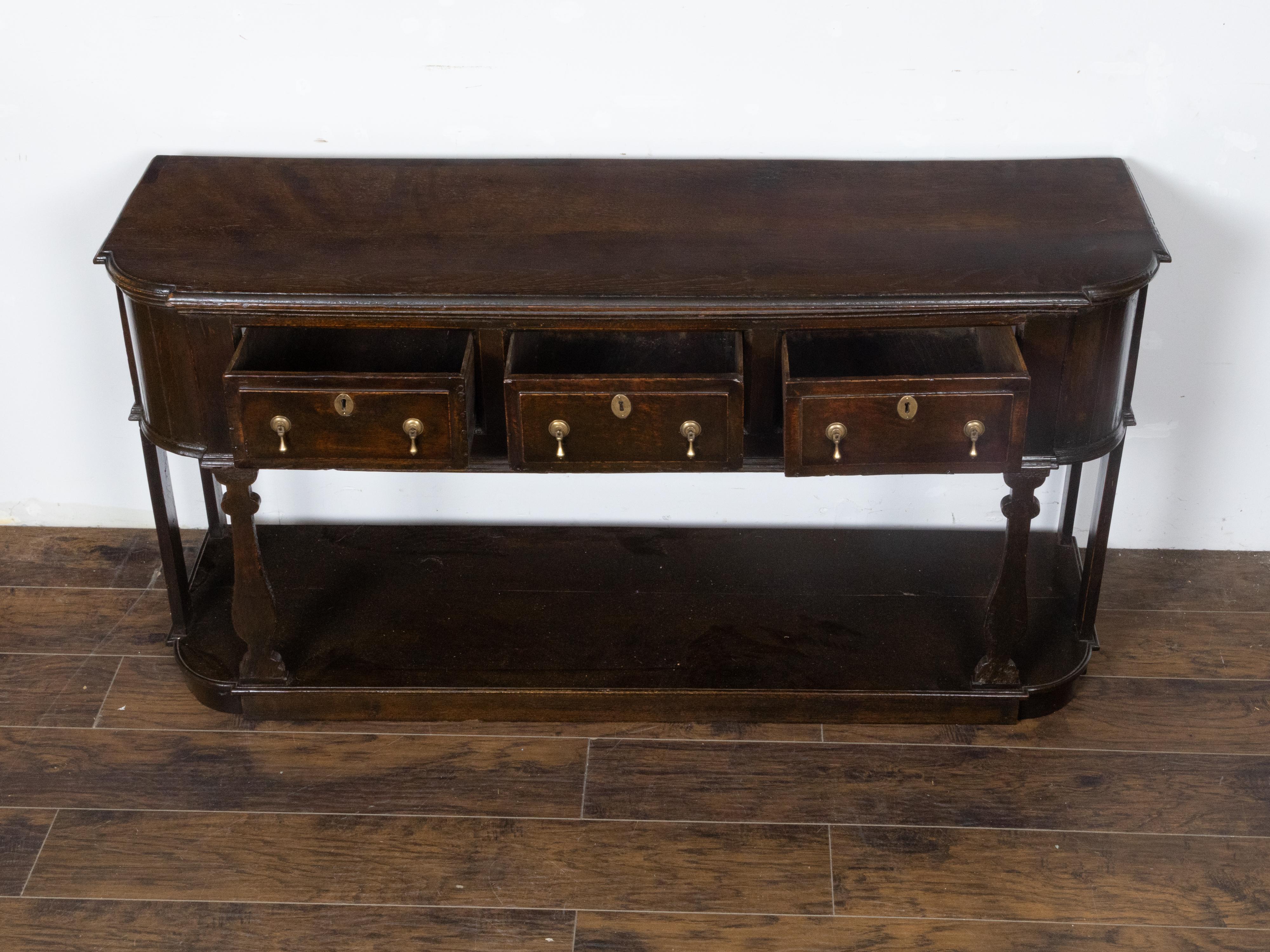 English Dark Oak Georgian 1800s Dresser Base with Three Drawers and Carved Legs 3