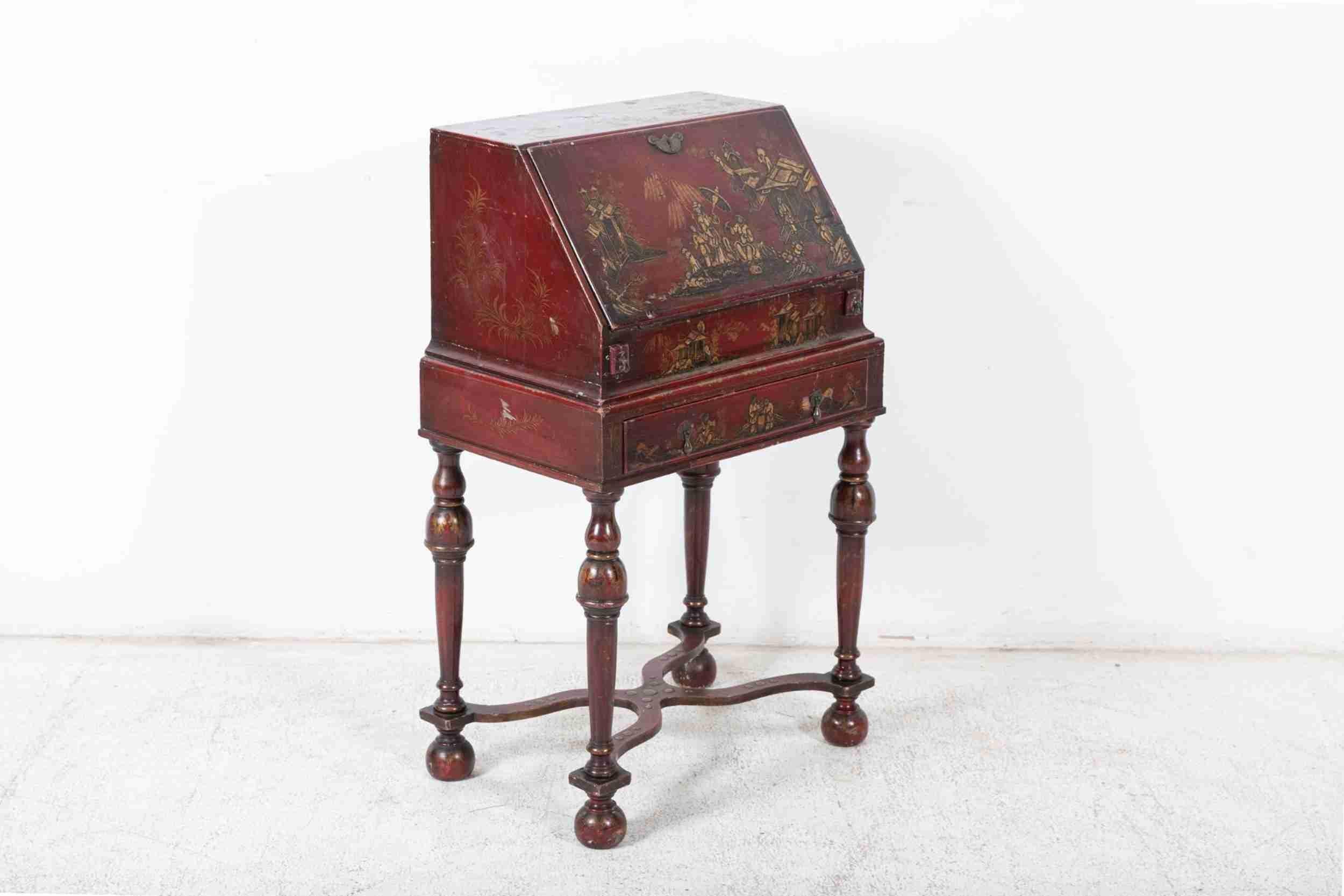 CIRCA 1900

Englischer dekorativer Chinoiserie-Schreibtisch - Bonheur Du Jour. Tolle Farbe und Patina mit Chinoiserie-Dekor.

sku 1006

Maße: B59 x T39 x H98 cm.