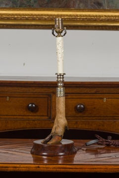 English Deer Leg Wired Table Lamp Dated 1908, Mounted on a Circular Wooden Base