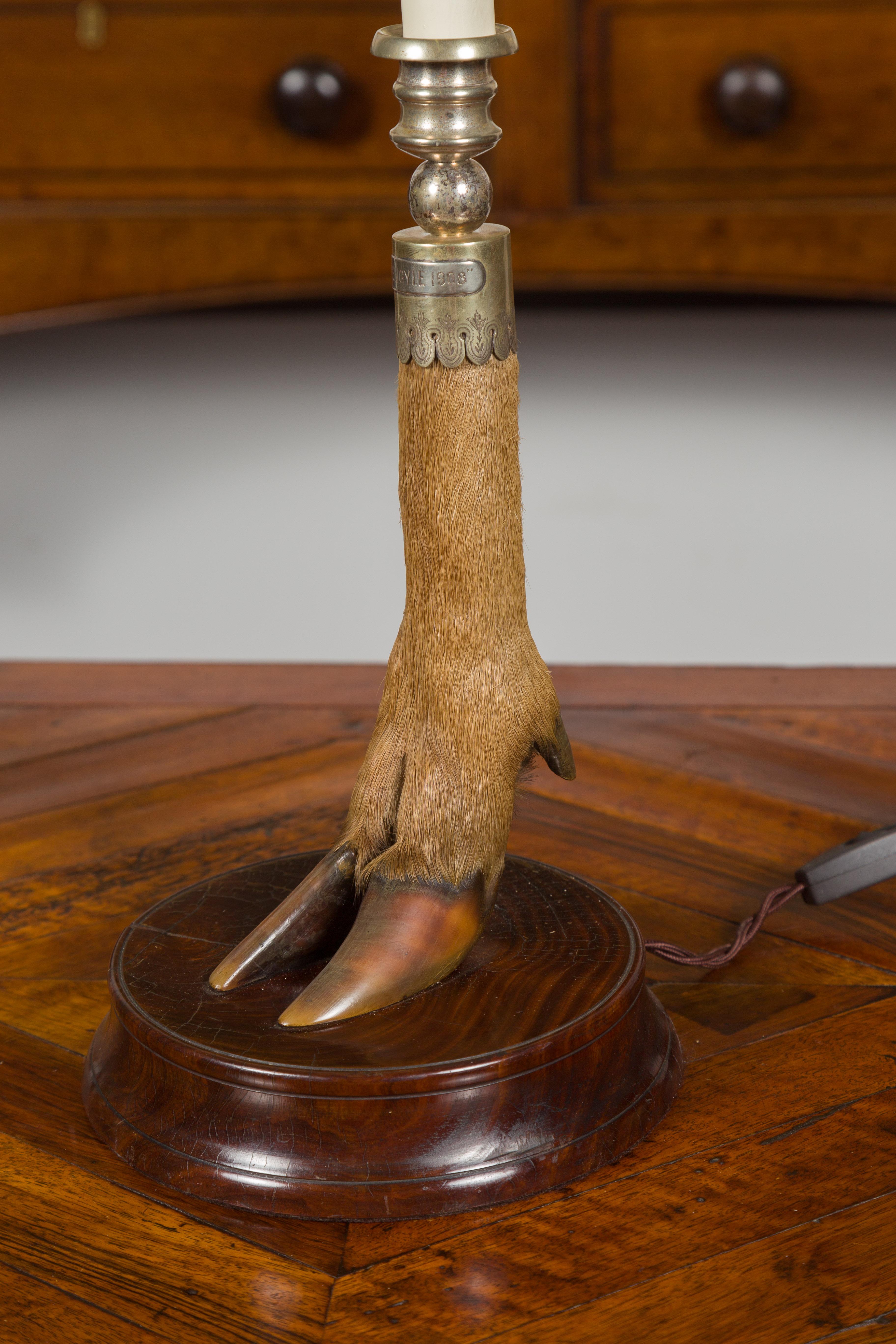 English Deer Leg Wired Table Lamp Dated 1908, Mounted on a Circular Wooden Base In Good Condition For Sale In Atlanta, GA