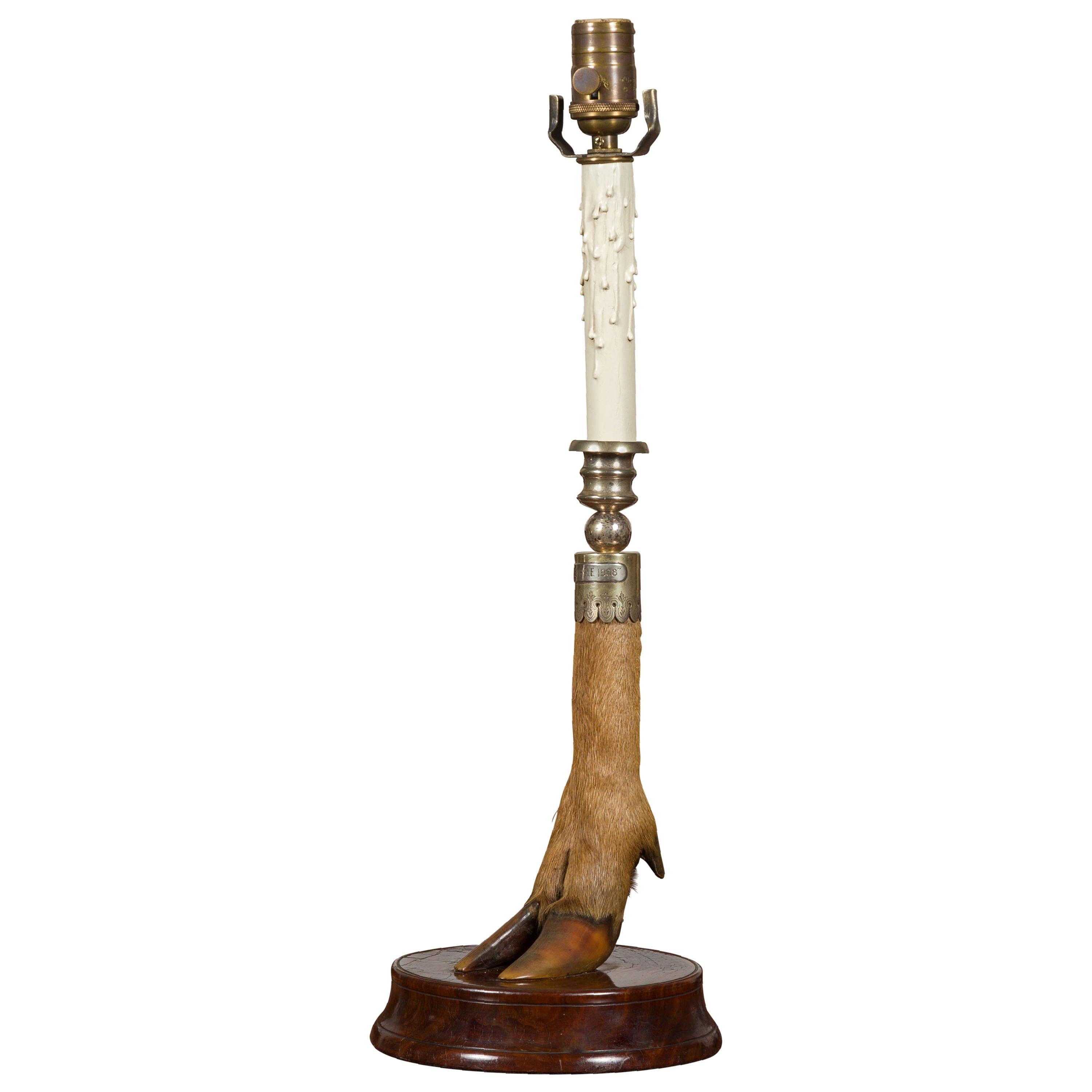 English Deer Leg Wired Table Lamp Dated 1908, Mounted on a Circular Wooden Base