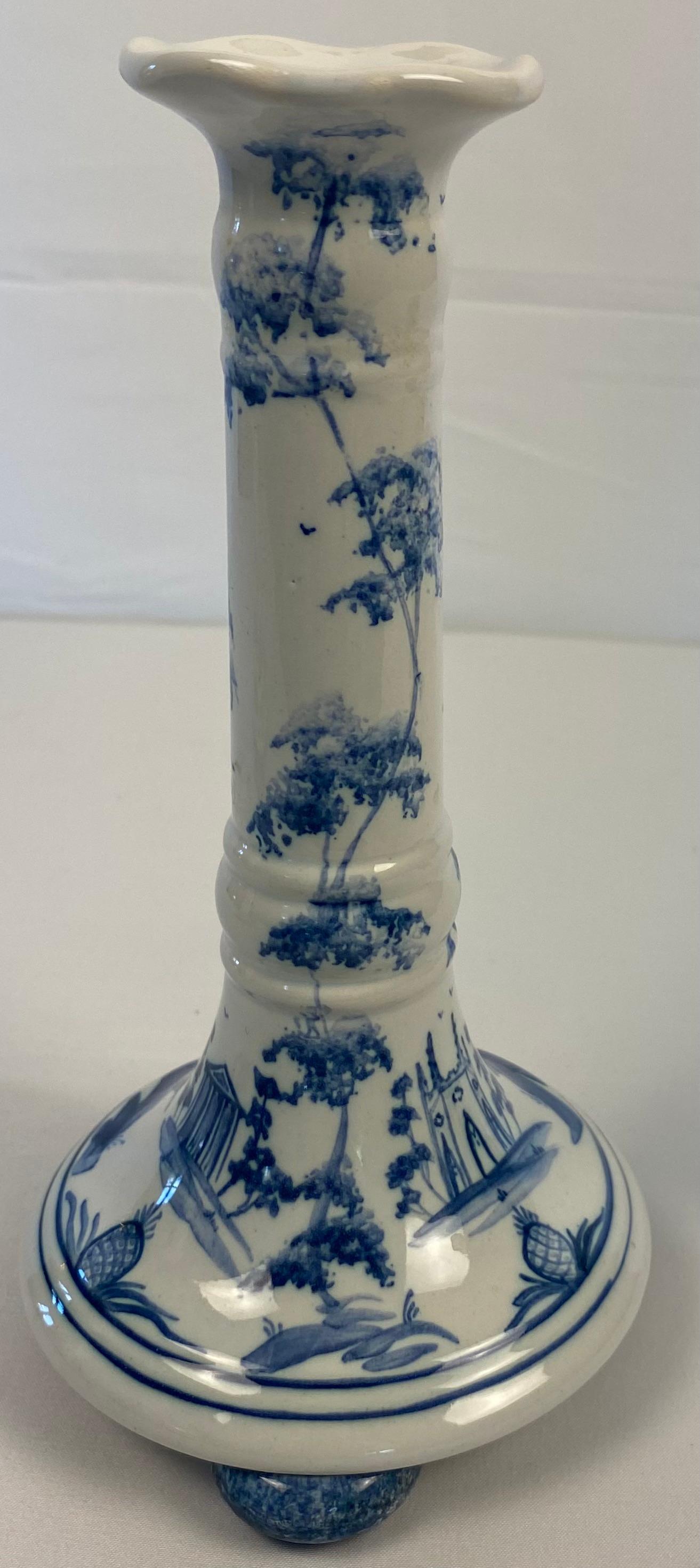 Chinoiserie English Delft Candle Holders For Sale