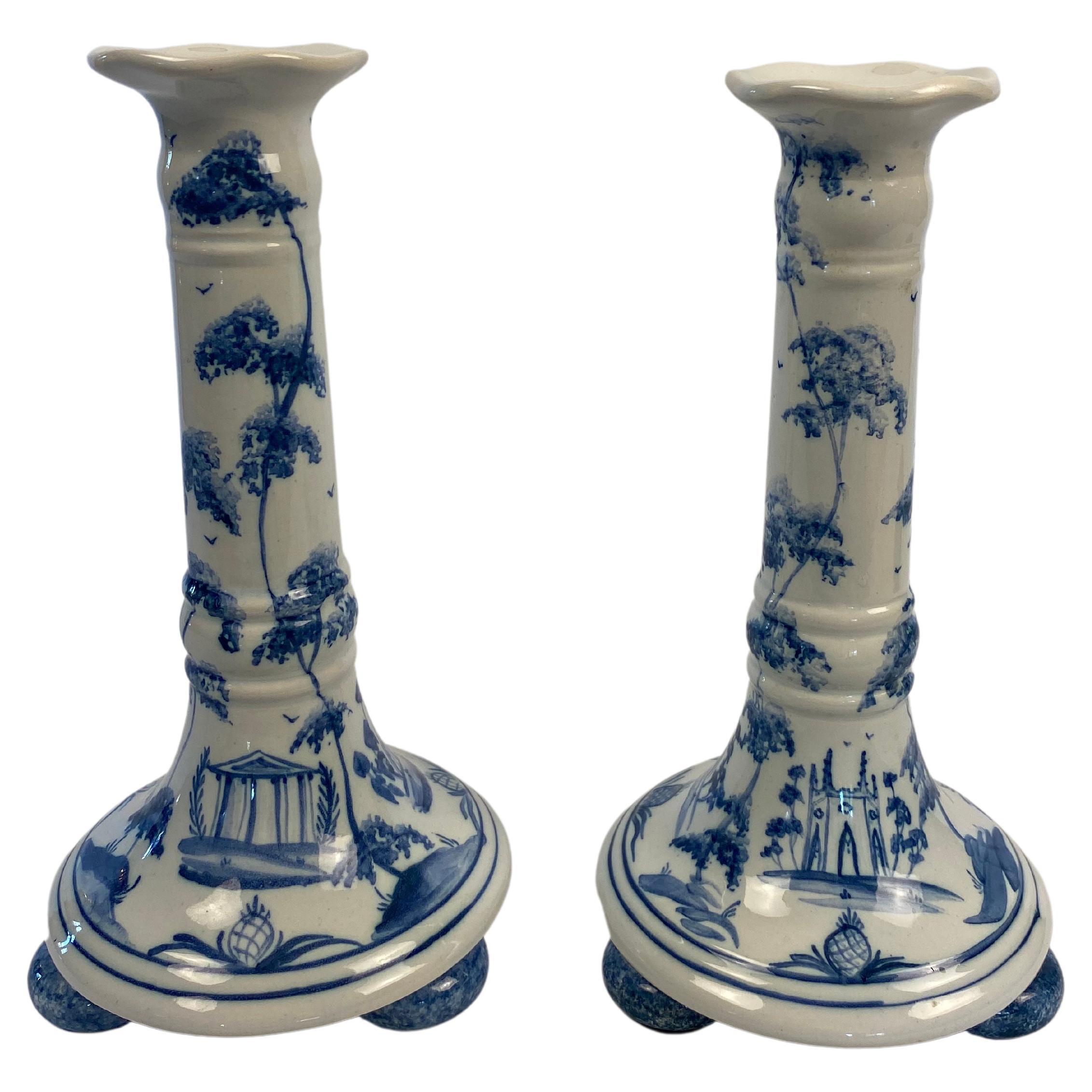 English Delft Candle Holders For Sale