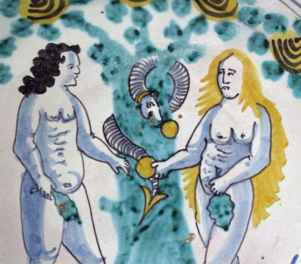 Dated: circa 1680 Bristol England

English delftware blue dash border charger showing Adam and Eve and the 