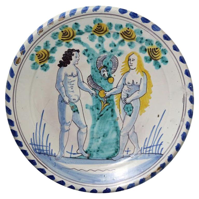 English Delftware Blue Dash Border Adam and Eve Charger Late 17th Century For Sale