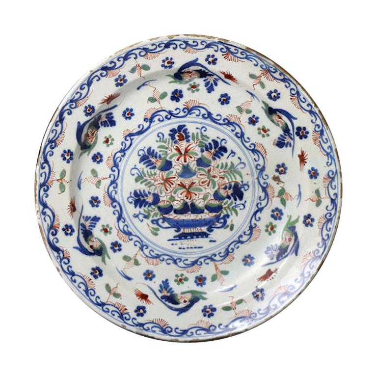 English Delftware Charger Polychrome Colors Bristol Works, 18th Century For Sale