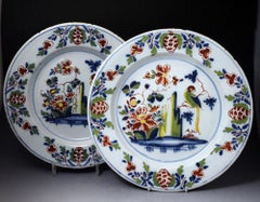 English Delftware Chargers with Parrot, Flowers Rock in Polychrome
