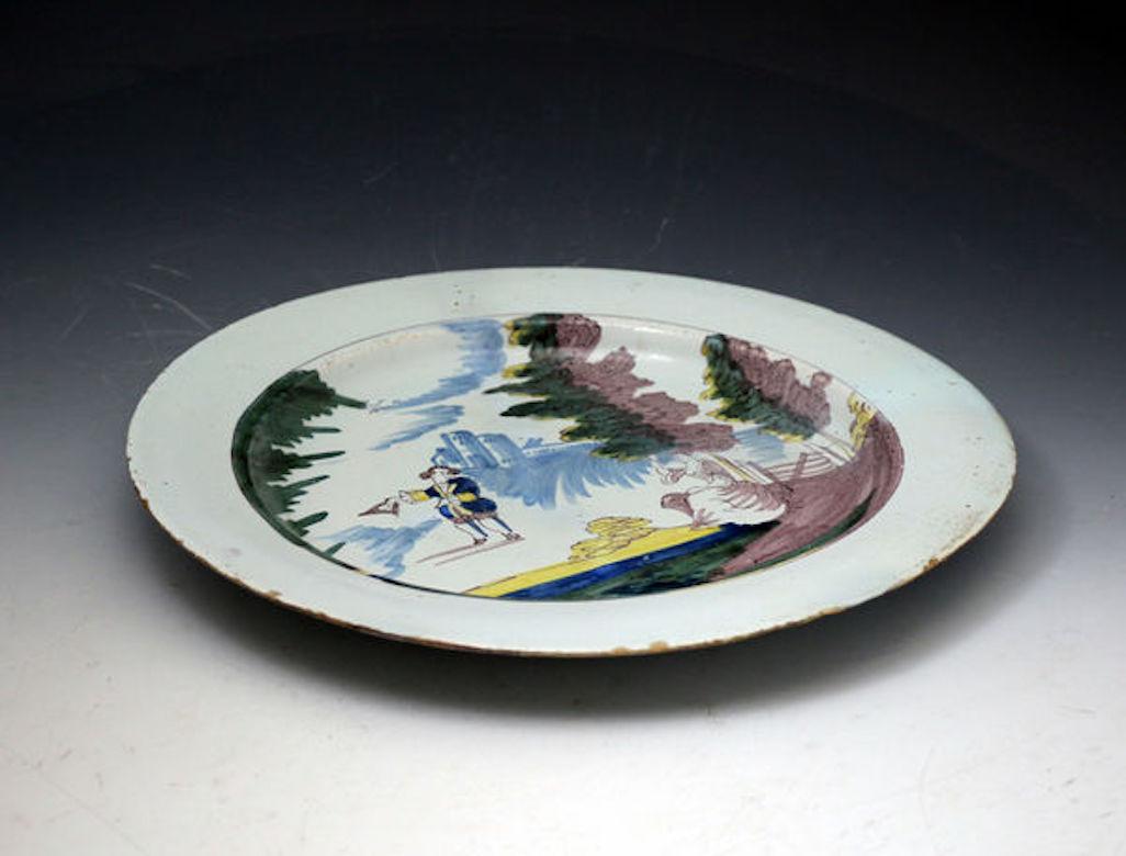 18th Century English Delftware Dish with Figures in a Landscape Liverpool For Sale
