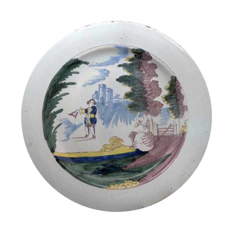 English Delftware Dish with Figures in a Landscape Liverpool For Sale