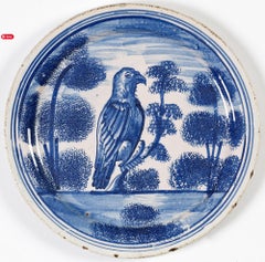 English Delftware Plate with Hawk Perched on Tree, London, Probably Vauxhall