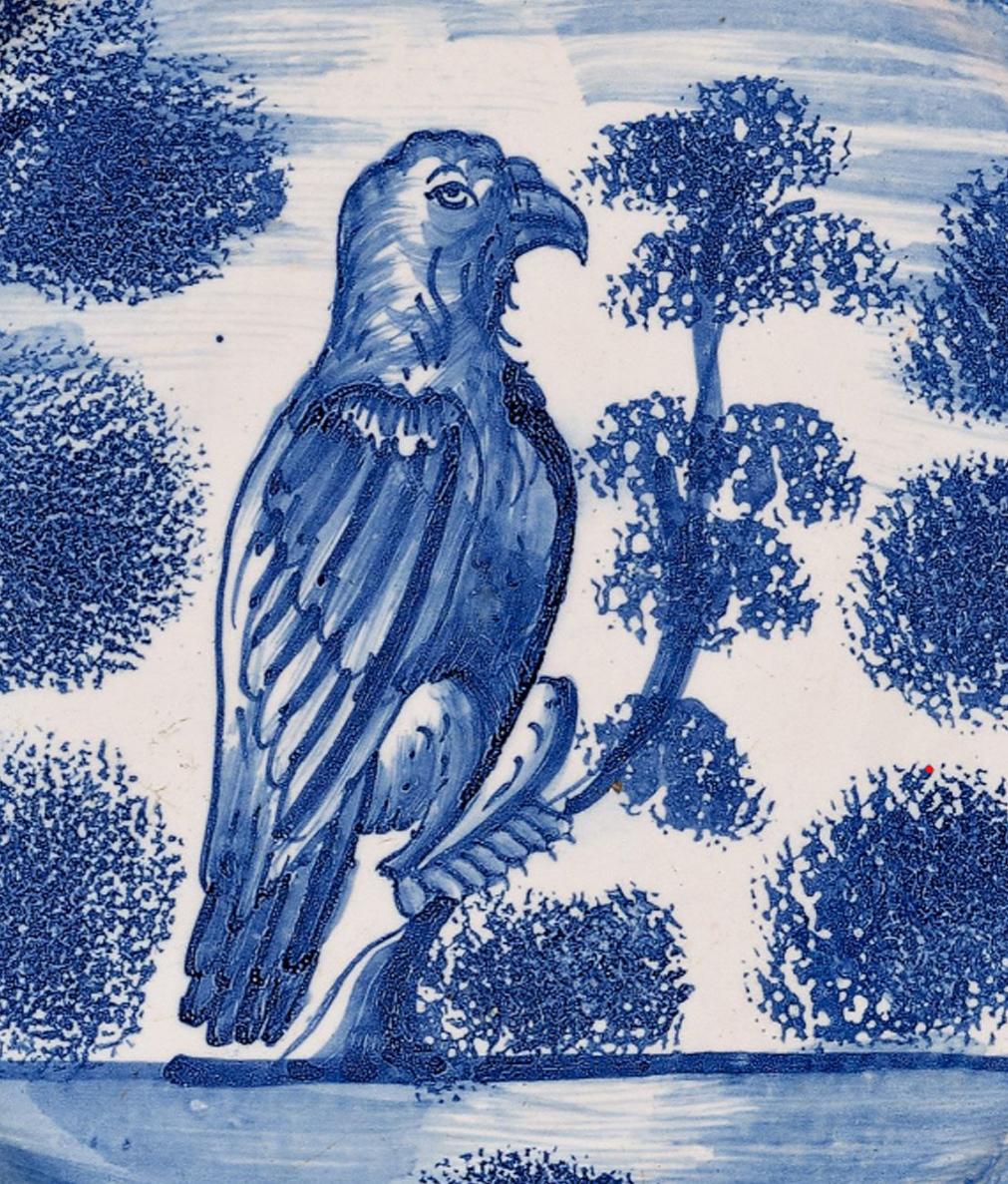 Georgian English Delftware Plate with Hawk Perched on Tree, London, Probably Vauxhall For Sale