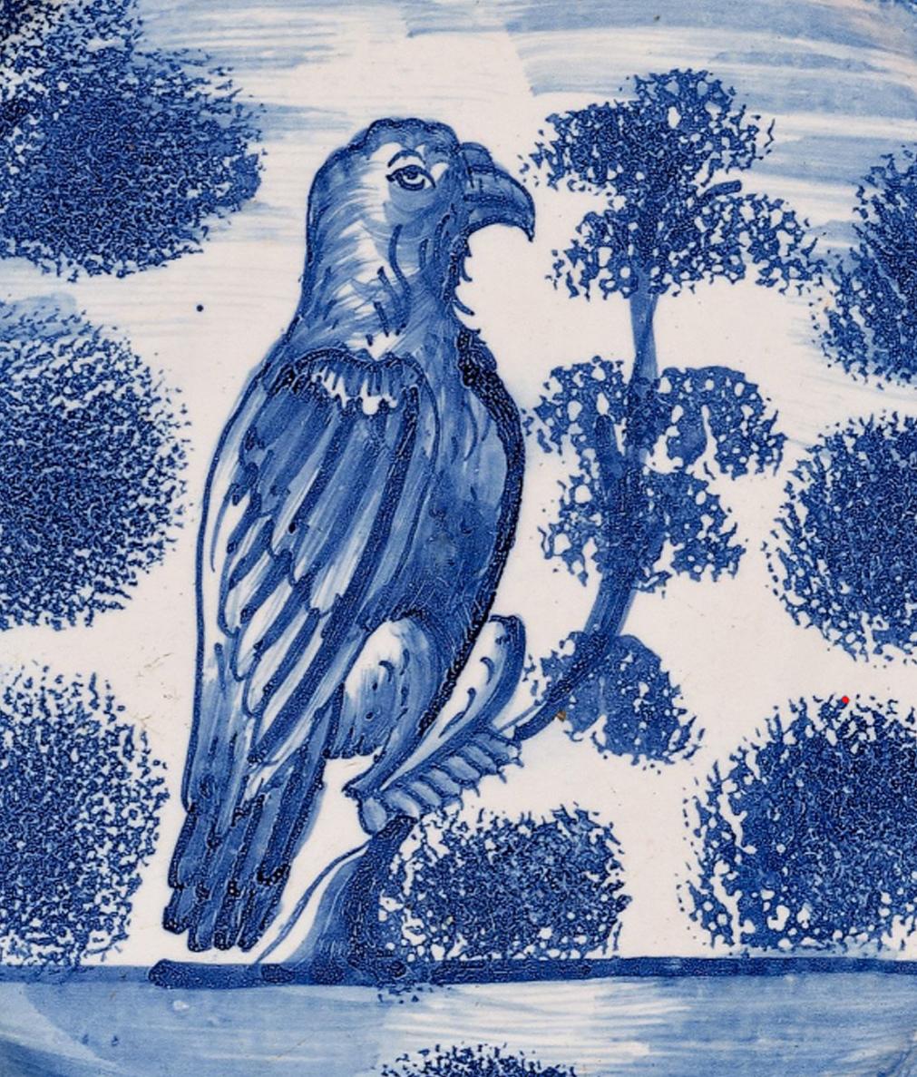 Georgian English Delftware Plate with Hawk Perched on Tree, London, Probably Vauxhall