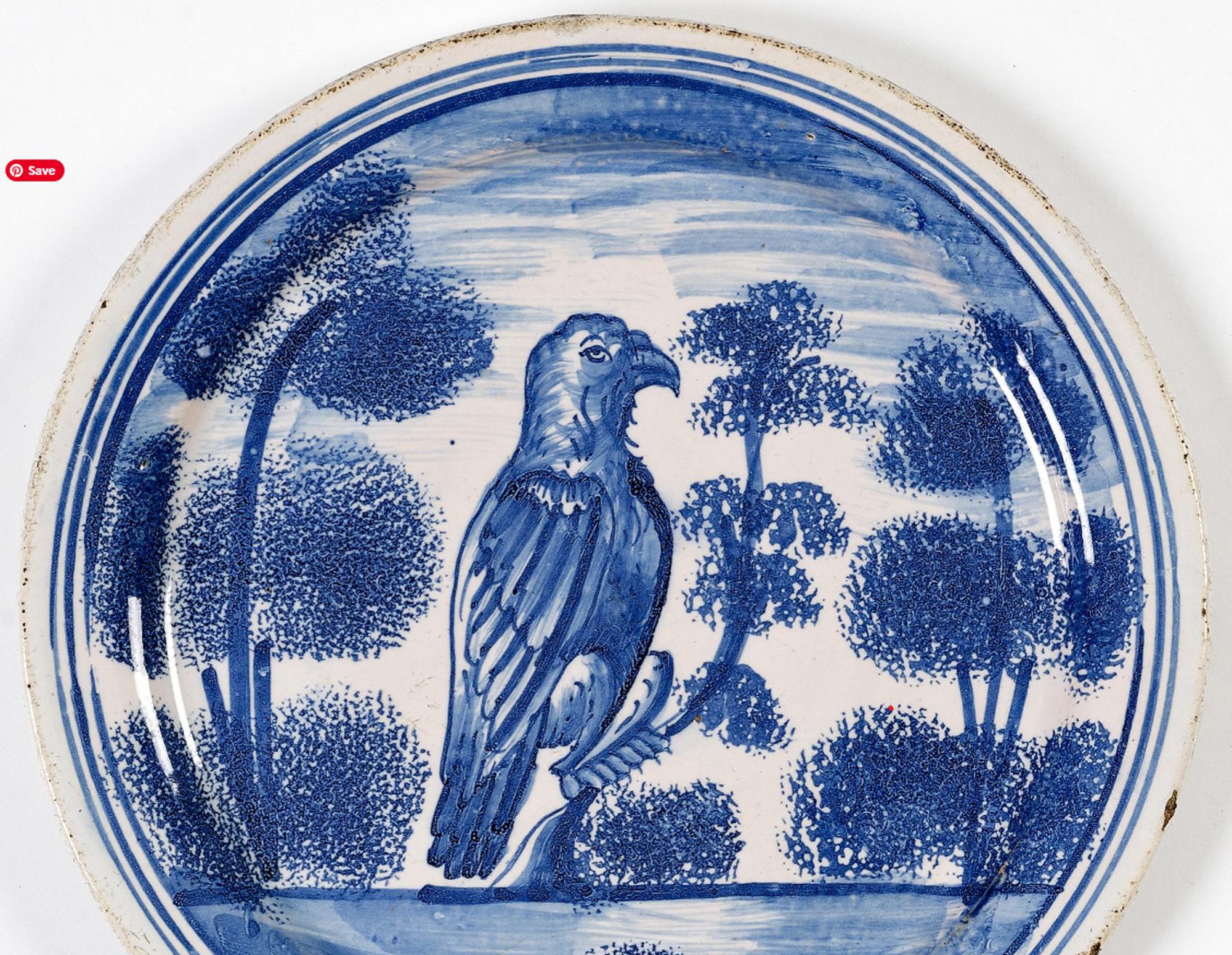 18th Century English Delftware Plate with Hawk Perched on Tree, London, Probably Vauxhall For Sale