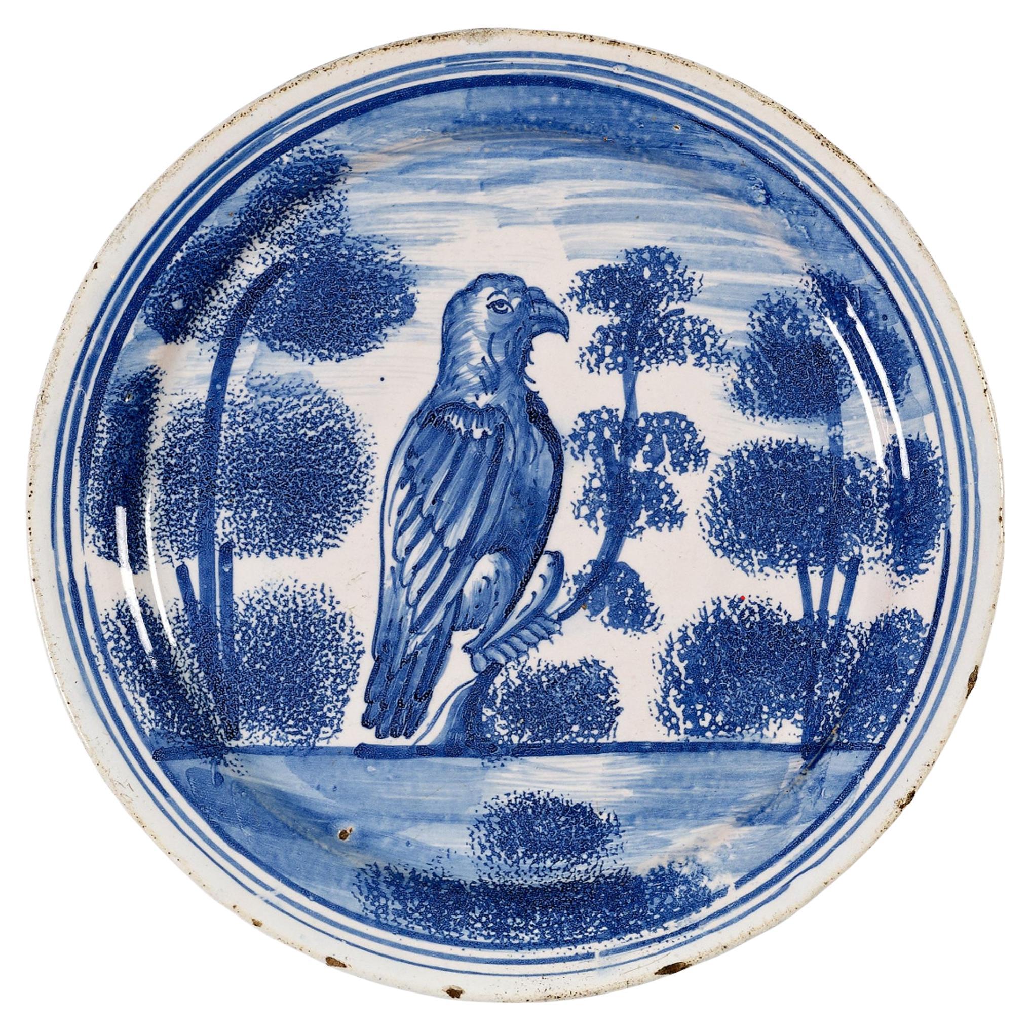 English Delftware Plate with Hawk Perched on Tree, London, Probably Vauxhall For Sale