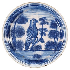 Antique English Delftware Plate with Hawk Perched on Tree, London, Probably Vauxhall