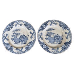 English Delftware Plates Decorated in Underglaze Blue with Lotus Flowers