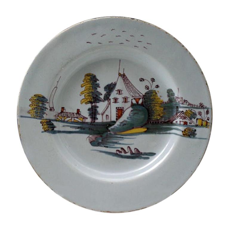 English Delftware Seascape Pottery Plate in Chinese Fashion, Mid-18th Century For Sale