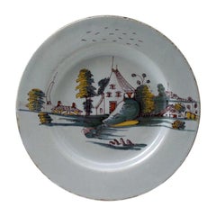 English Delftware Seascape Pottery Plate in Chinese Fashion, Mid-18th Century