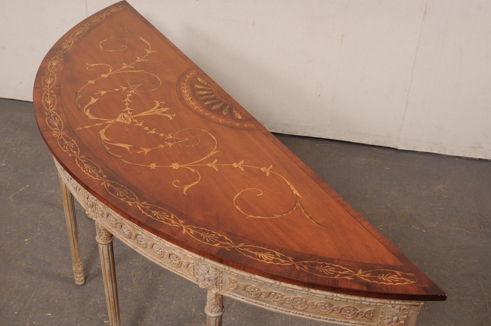 English Demi-Lune Console w/Beautiful Ornate Design & Large 6.75 Ft. Width! For Sale 6