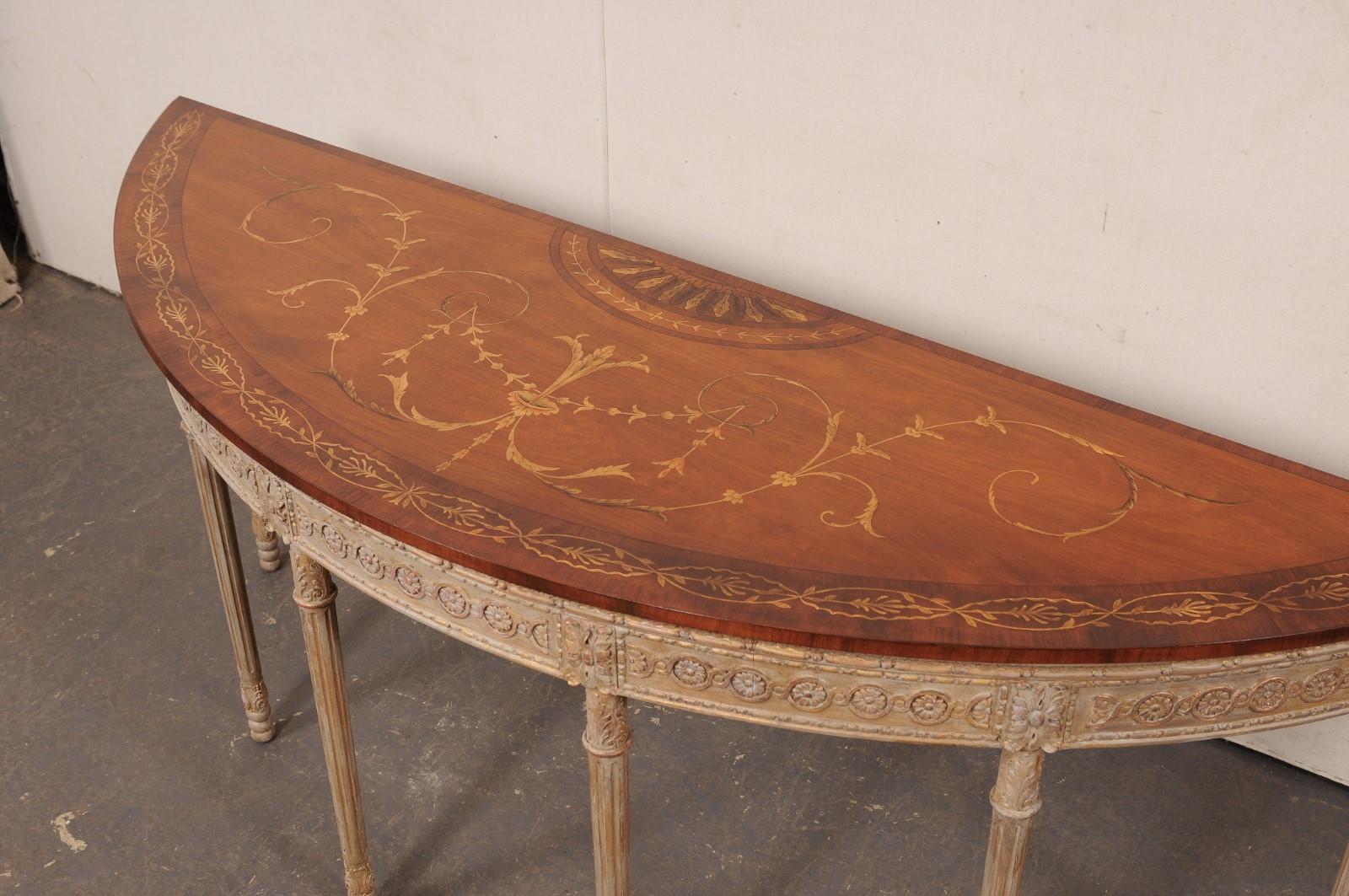 20th Century English Demi-Lune Console w/Beautiful Ornate Design & Large 6.75 Ft. Width! For Sale