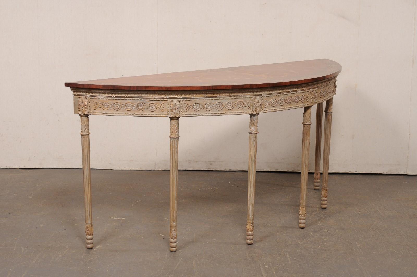 Wood English Demi-Lune Console w/Beautiful Ornate Design & Large 6.75 Ft. Width! For Sale