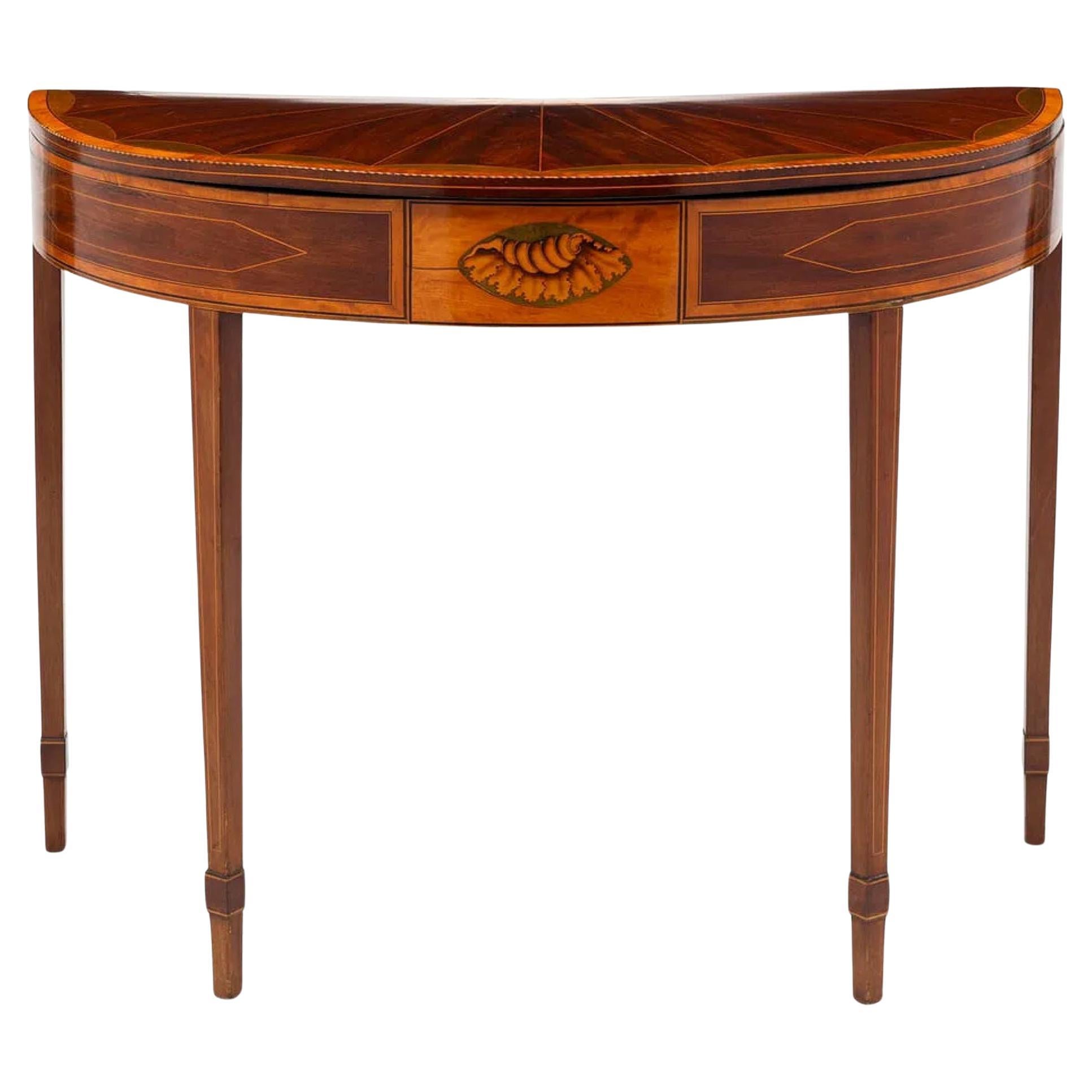 English Demi Lune Flip Top Card table with Marquetry, George III period en venta