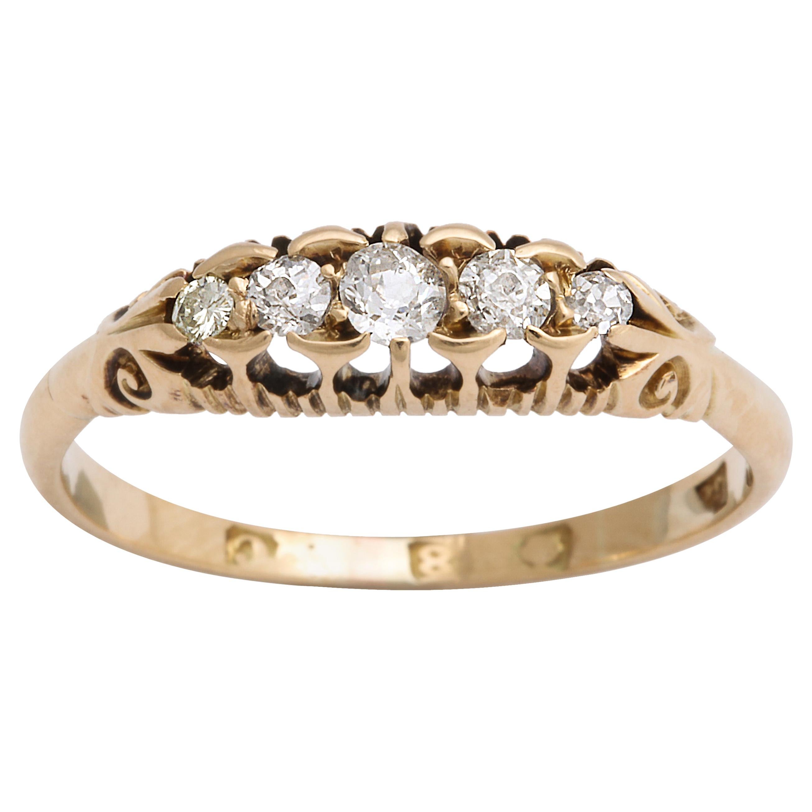 English 18k Gold Diamond Five Stone Ring, Mid-20th Century For Sale