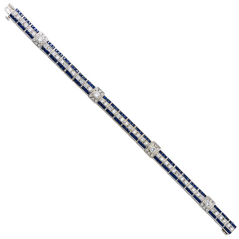English Diamond and Sapphire Platinum Bracelet For Sale at 1stDibs