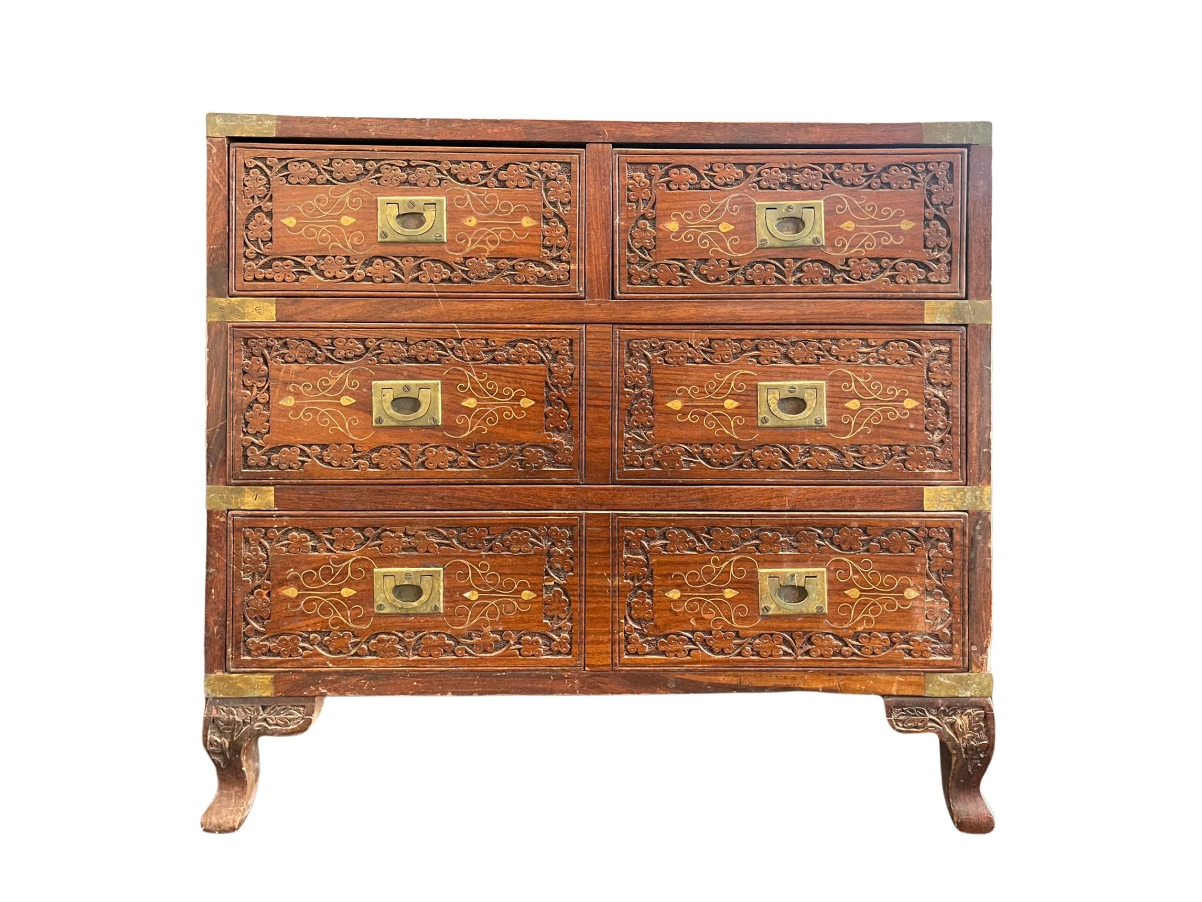 Hand-Carved English Diminutive Campaign Chest with Brass Hardware For Sale