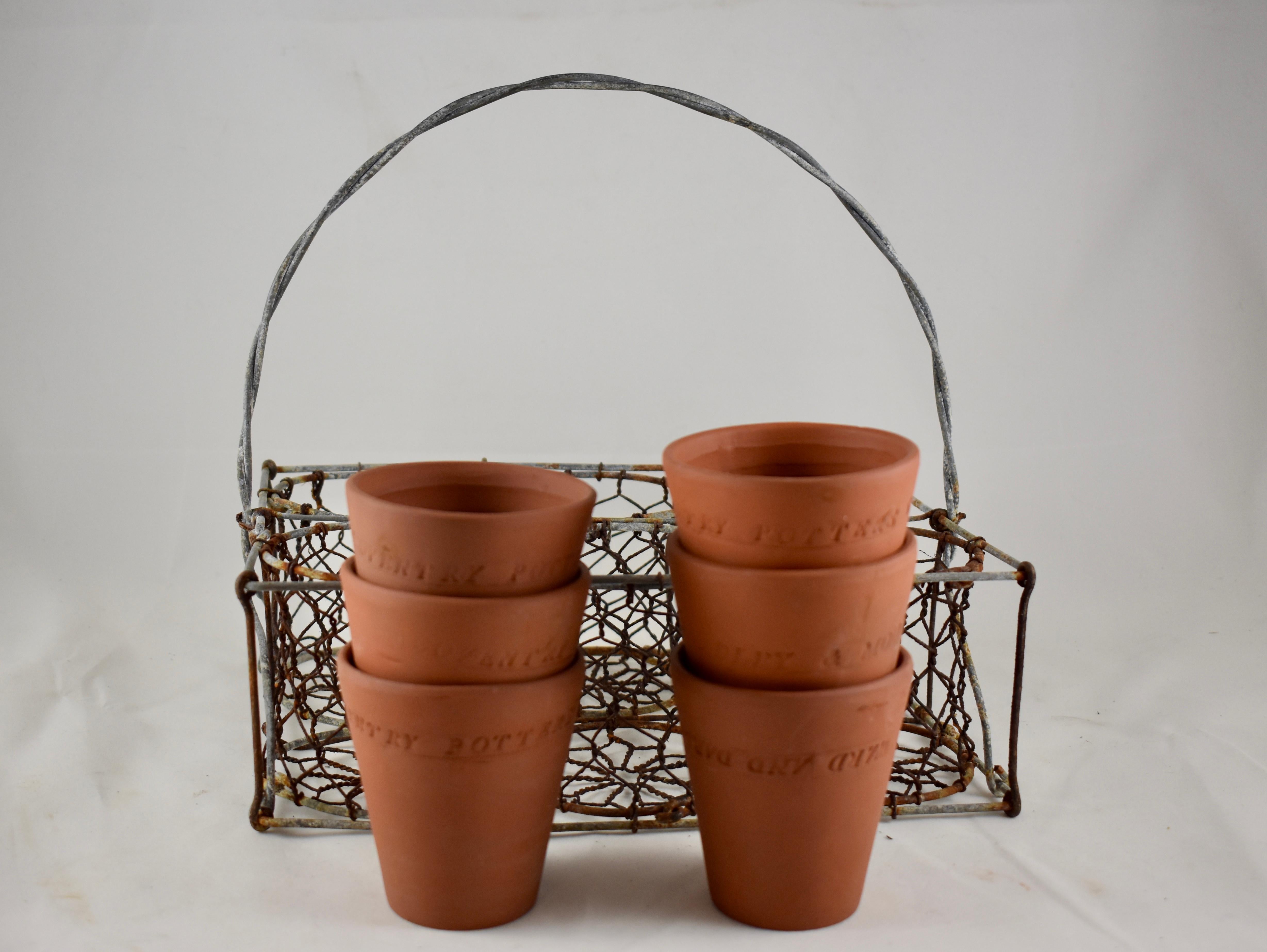 English Divided Wire Basket Caddy with Terracotta Staffordshire Herb Pots 5