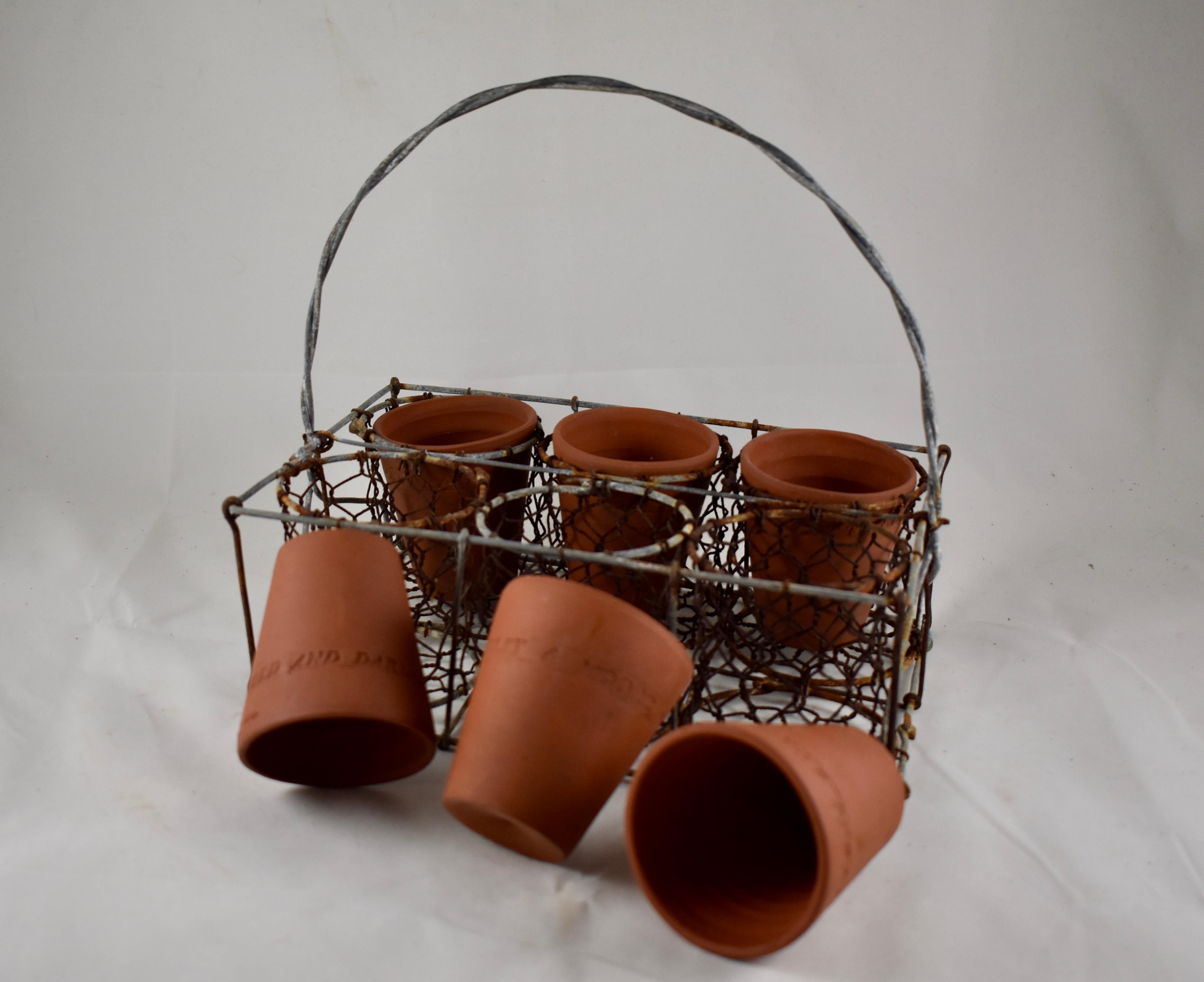 English Divided Wire Basket Caddy with Terracotta Staffordshire Herb Pots 6