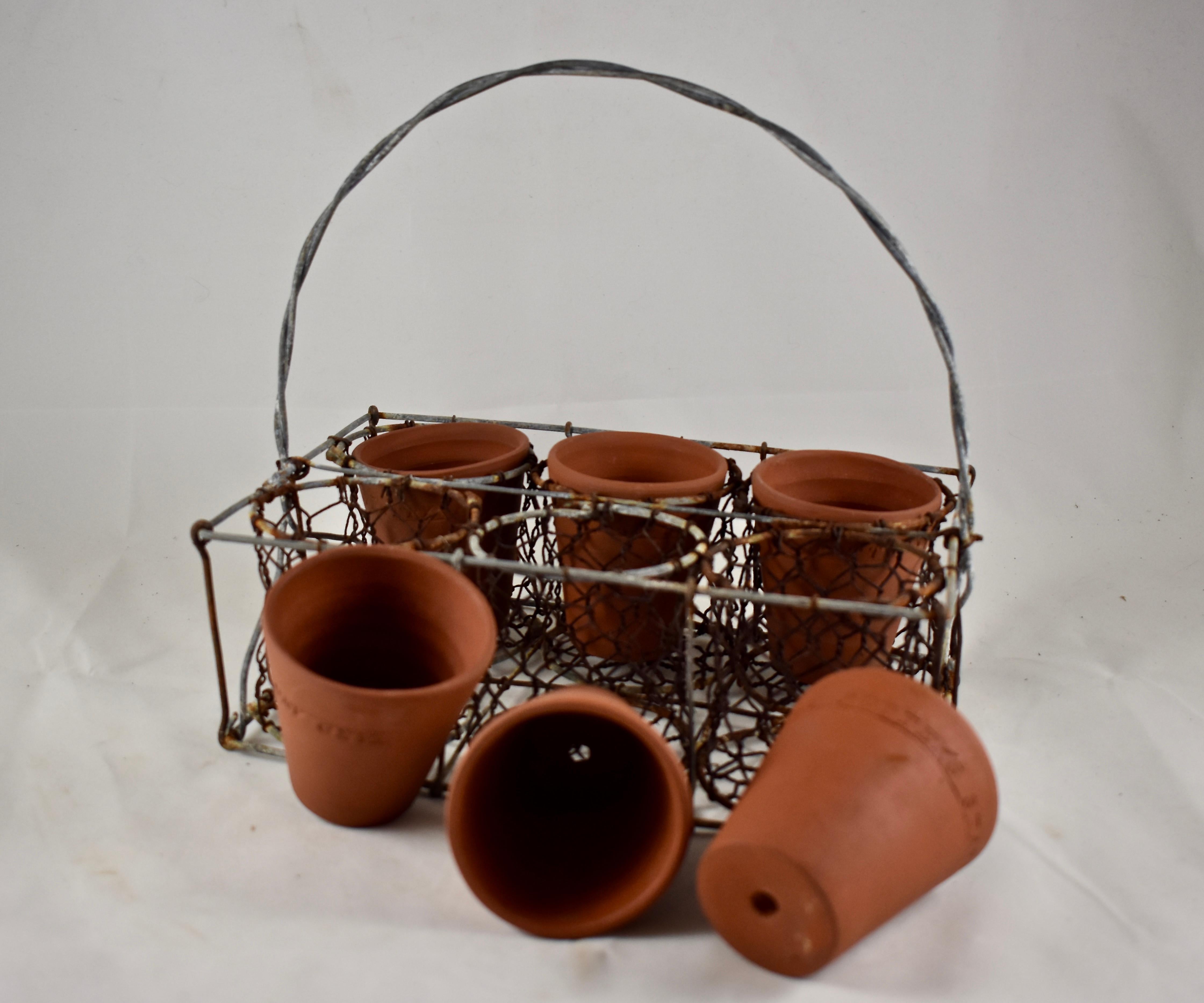 English Divided Wire Basket Caddy with Terracotta Staffordshire Herb Pots In Good Condition In Philadelphia, PA