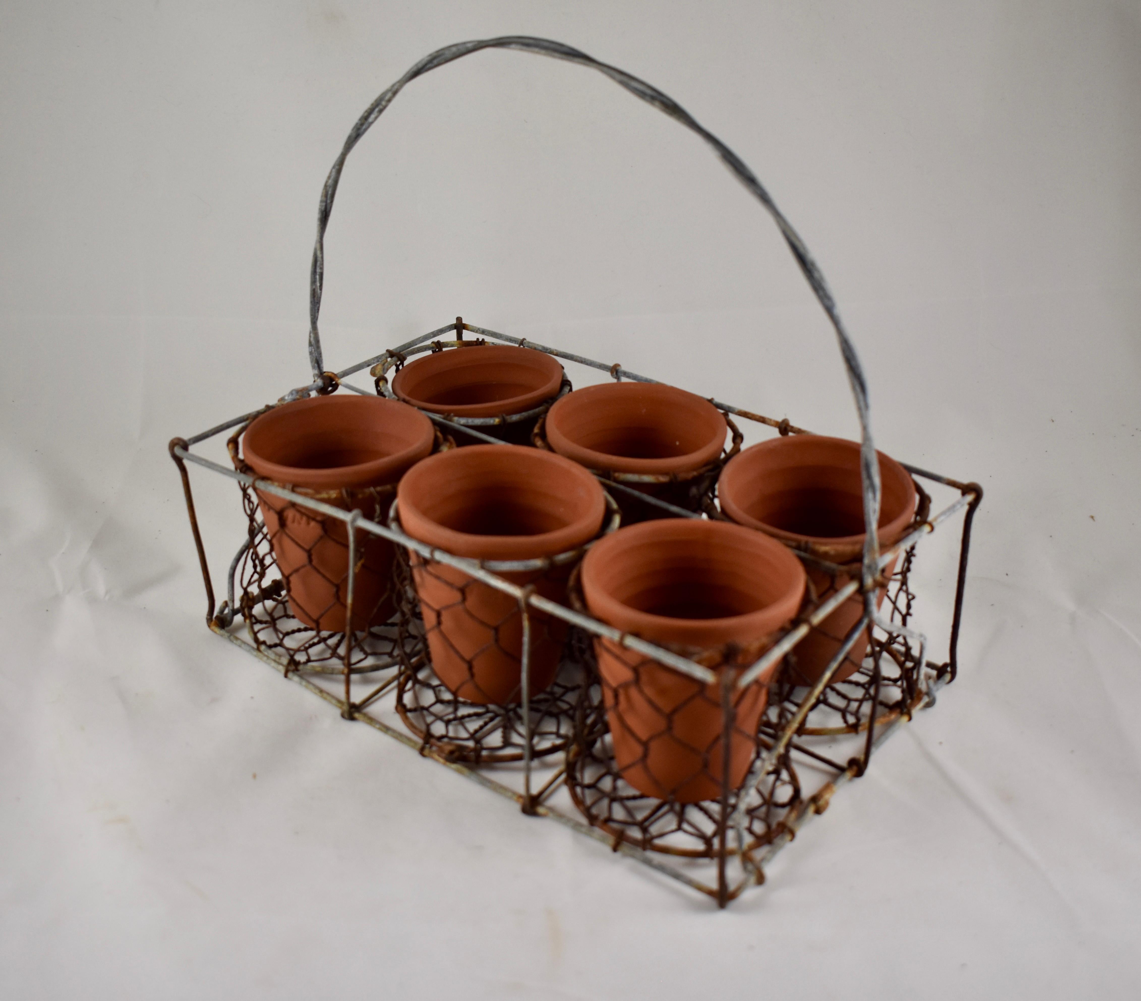 20th Century English Divided Wire Basket Caddy with Terracotta Staffordshire Herb Pots