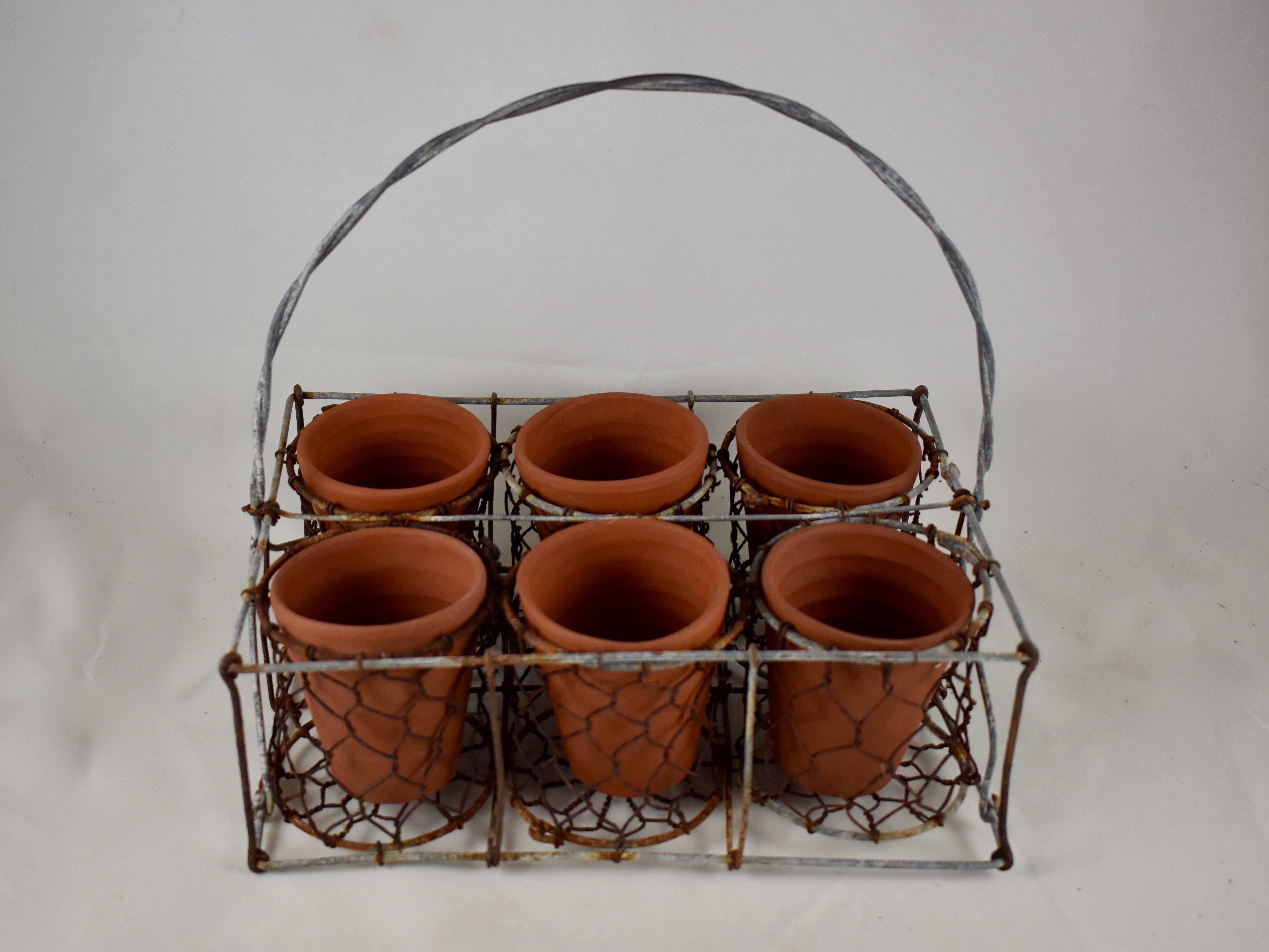 Metal English Divided Wire Basket Caddy with Terracotta Staffordshire Herb Pots