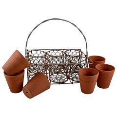 English Divided Wire Basket Caddy with Terracotta Staffordshire Herb Pots