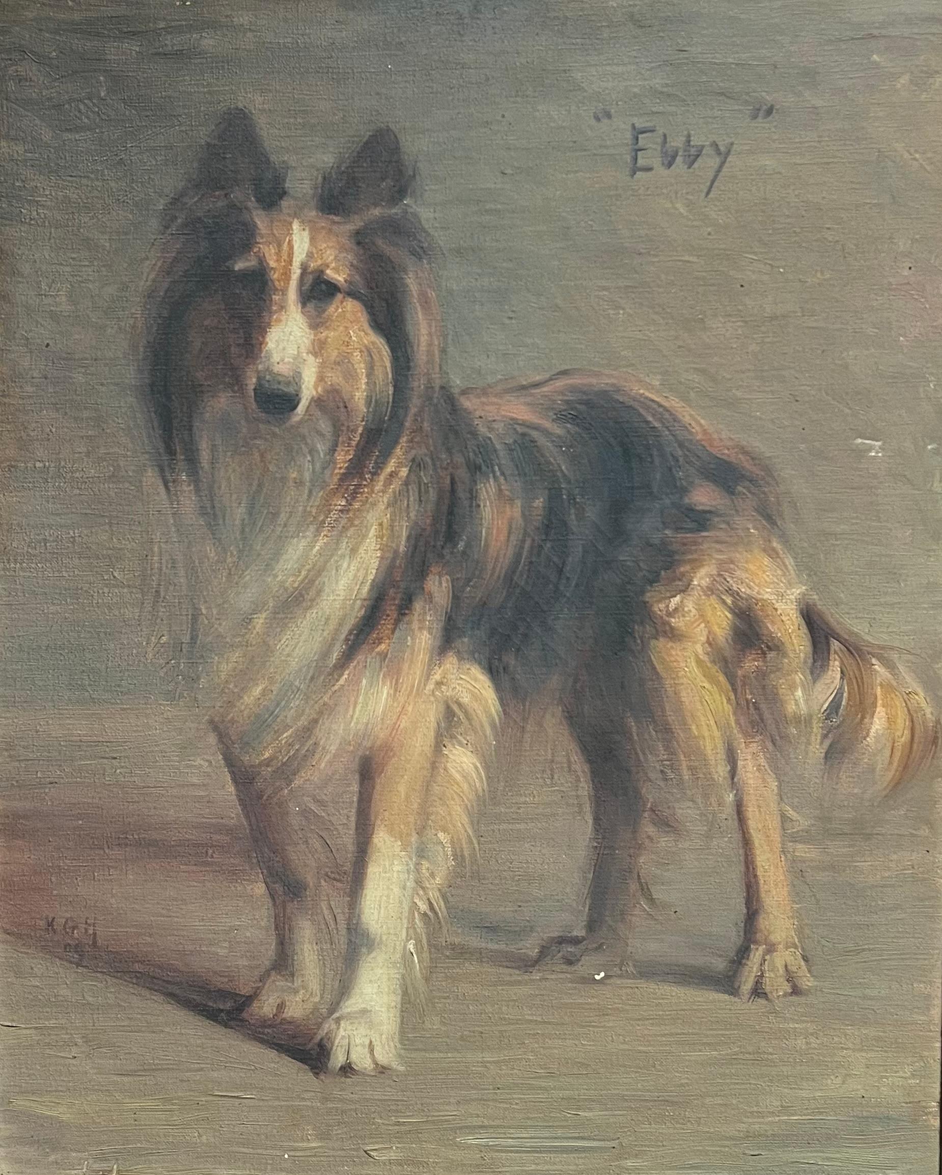 Antique 1900's English Oil Painting Portrait of a Collie Dog d.1909 - Gray Portrait Painting by English dog artist