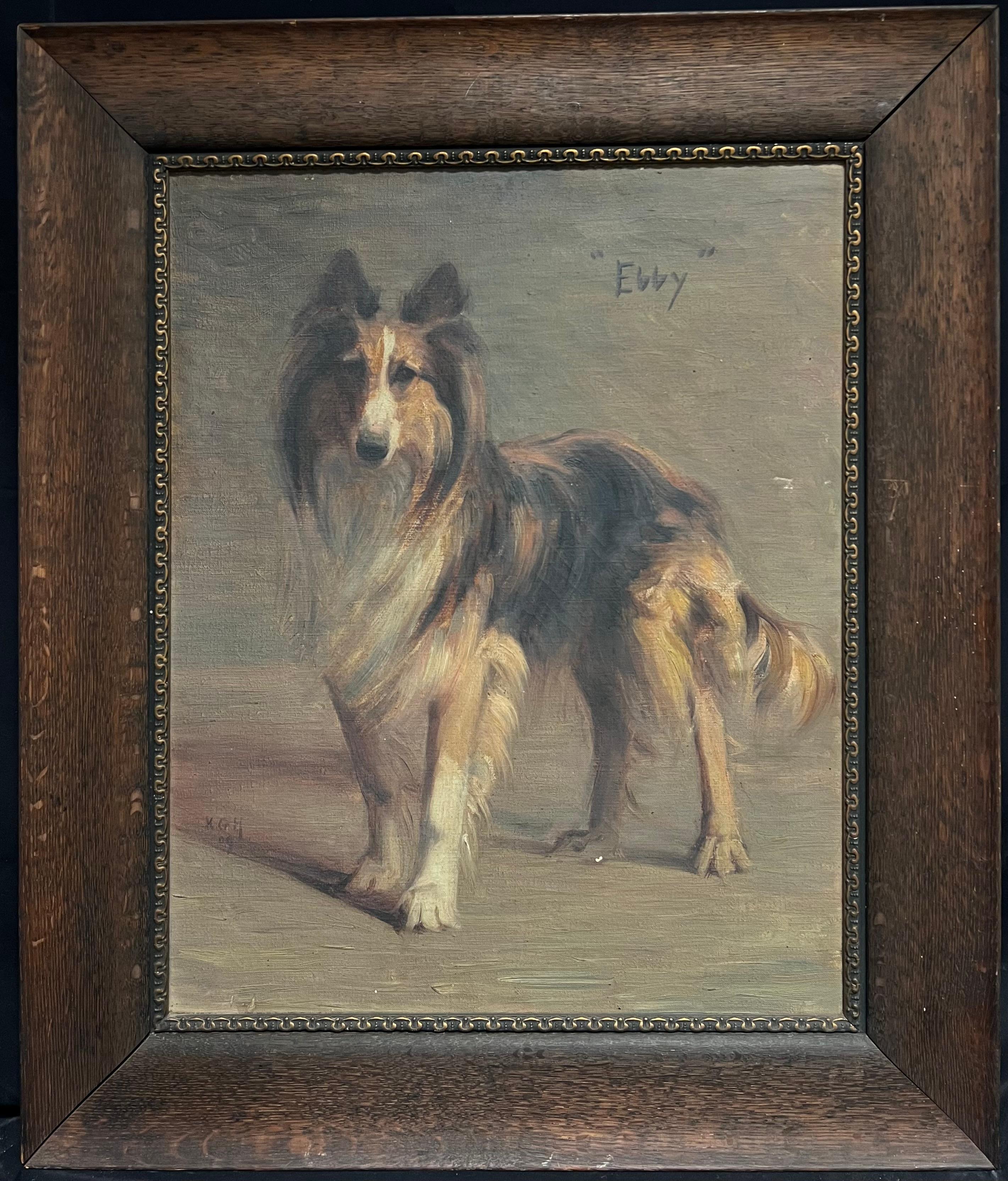 English dog artist Portrait Painting - Antique 1900's English Oil Painting Portrait of a Collie Dog d.1909