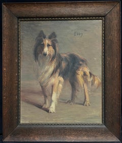 Antique 1900's English Oil Painting Portrait of a Collie Dog d.1909