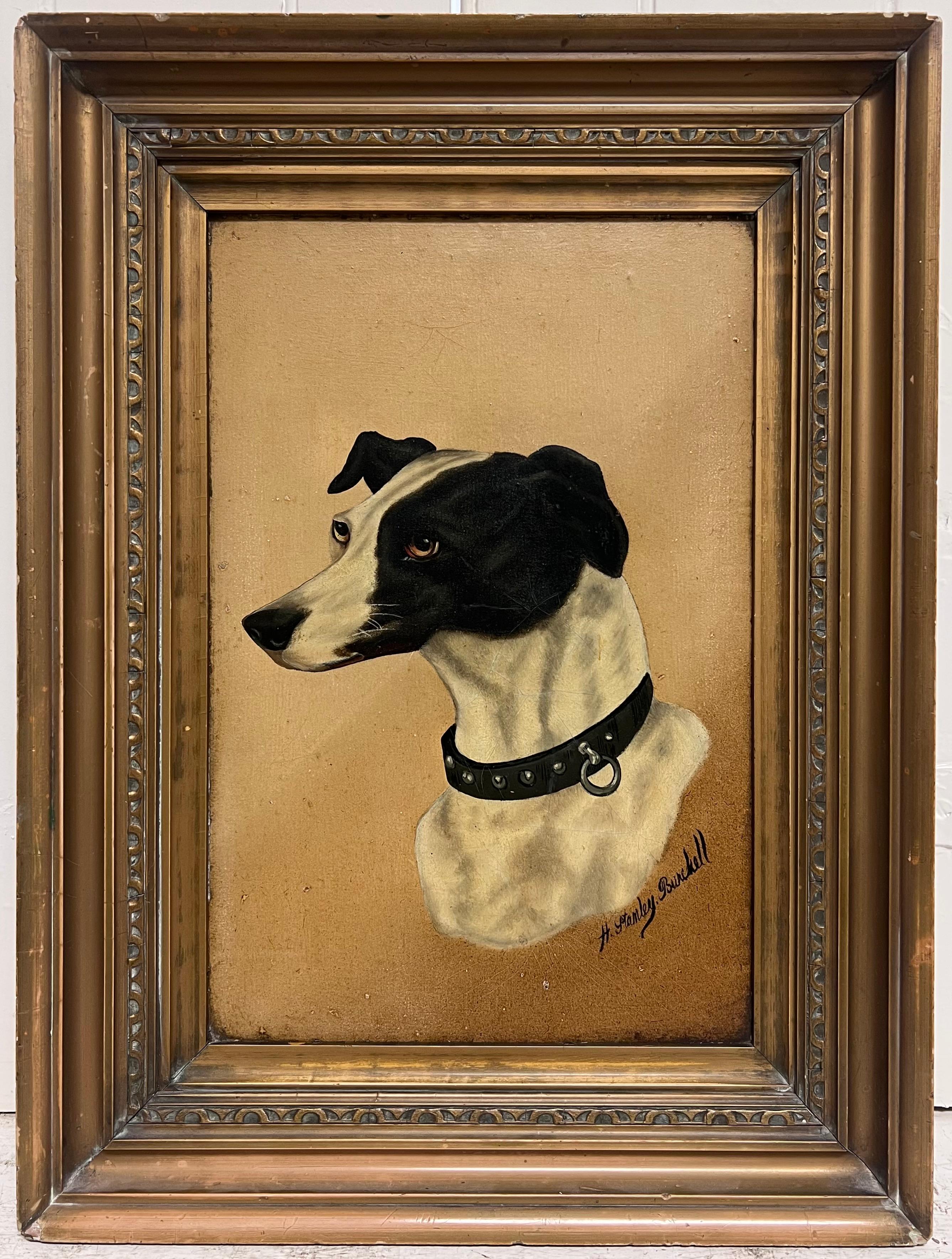 Antique English Dog Oil Painting Head Portrait of Whippet/ Greyhound, signed - Brown Portrait Painting by English dog artist