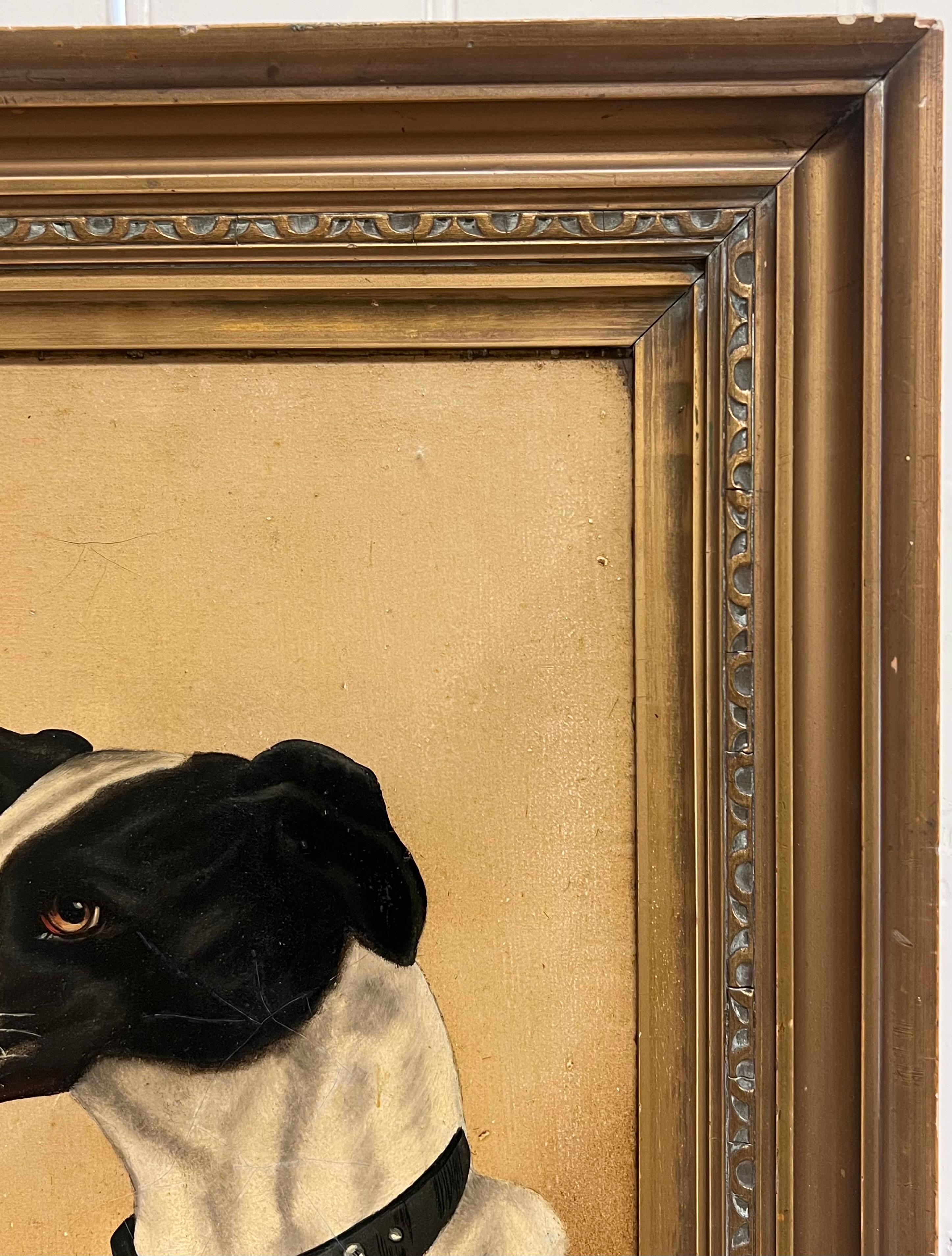 Antique English Dog Oil Painting Head Portrait of Whippet/ Greyhound, signed For Sale 1