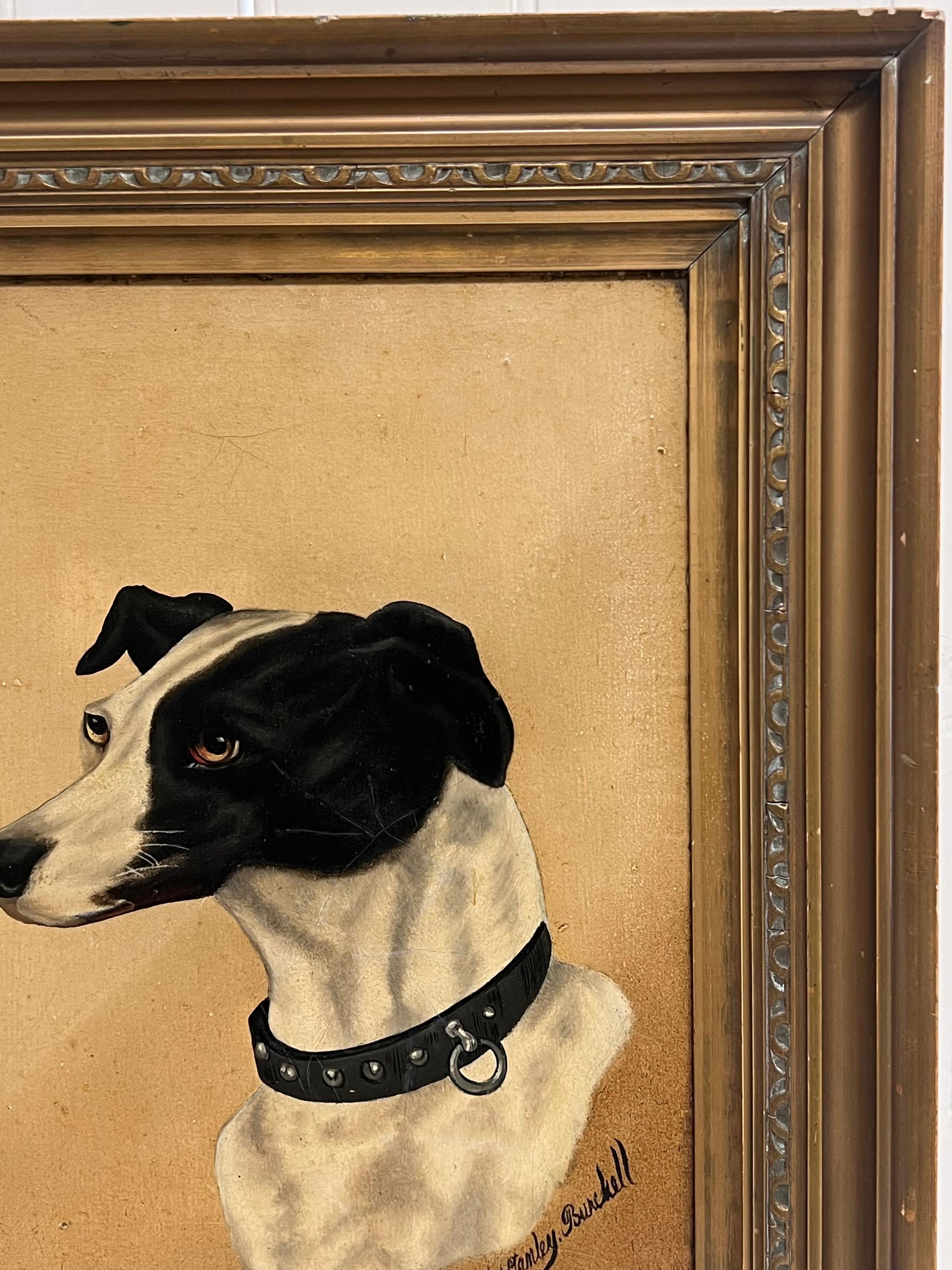 Antique English Dog Oil Painting Head Portrait of Whippet/ Greyhound, signed For Sale 3