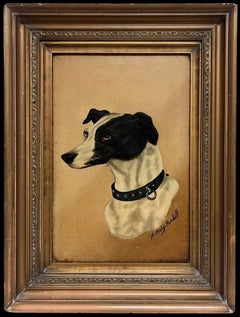 Antique English Dog Oil Painting Head Portrait of Whippet/ Greyhound, signed