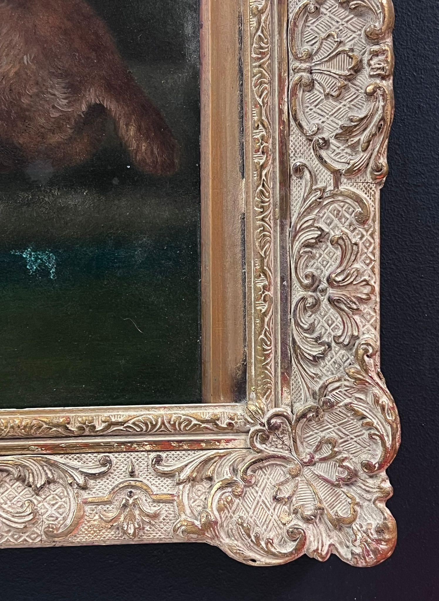 Pintura al óleo antigua de perro inglés Retrato de perro terrier de pelo largo tumbado - Animal Painting Negro de English dog artist